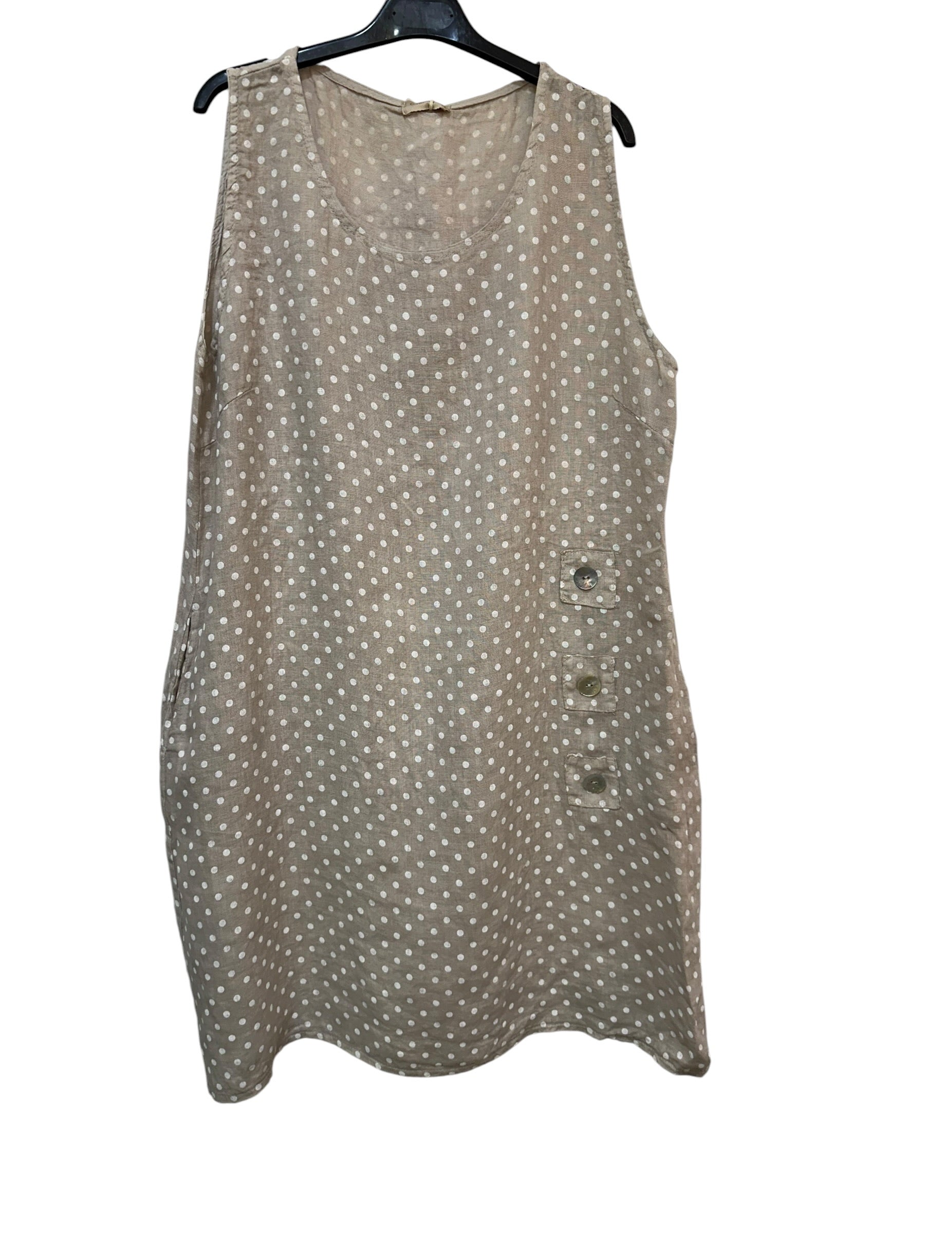 VC1302PBEI Sleeveless Linen Polka Dot Dress Beige