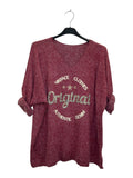 VM40 Wine Red Vintage Graphic V-Neck Top