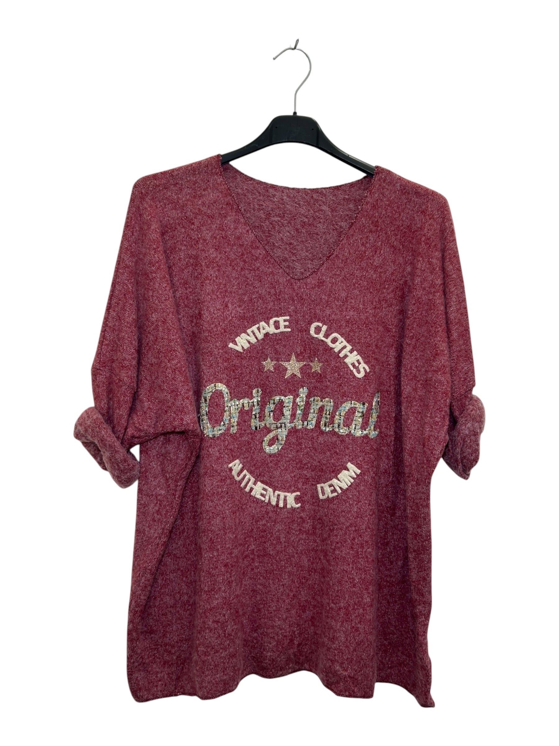 VM40 Wine Red Vintage Graphic V-Neck Top