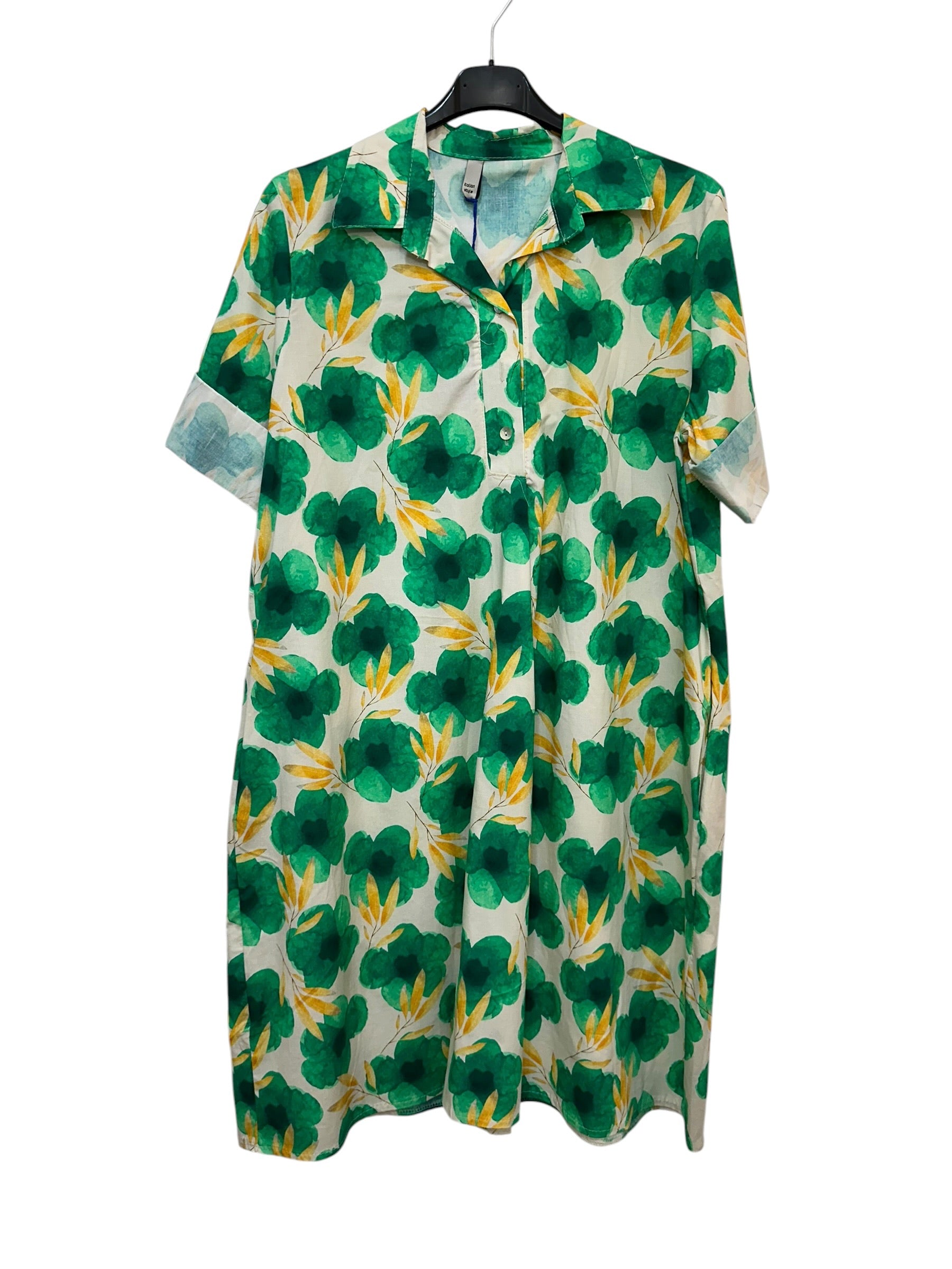 VC24002CFOR Cotton Poppy Floral Shirt Dress Forest Green