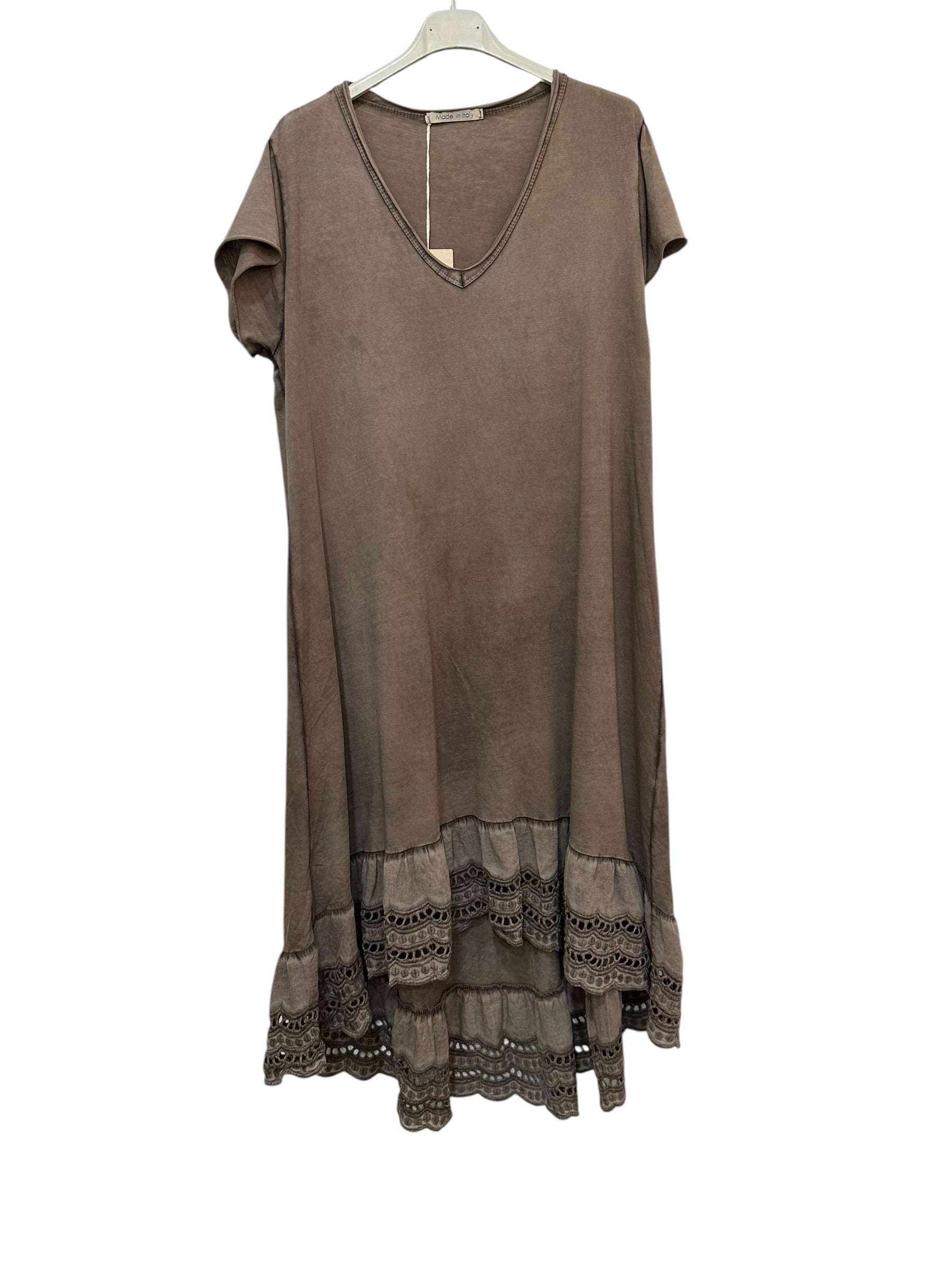 VC2525CHO Washed Cotton Lace-Hem Dress Chocolate