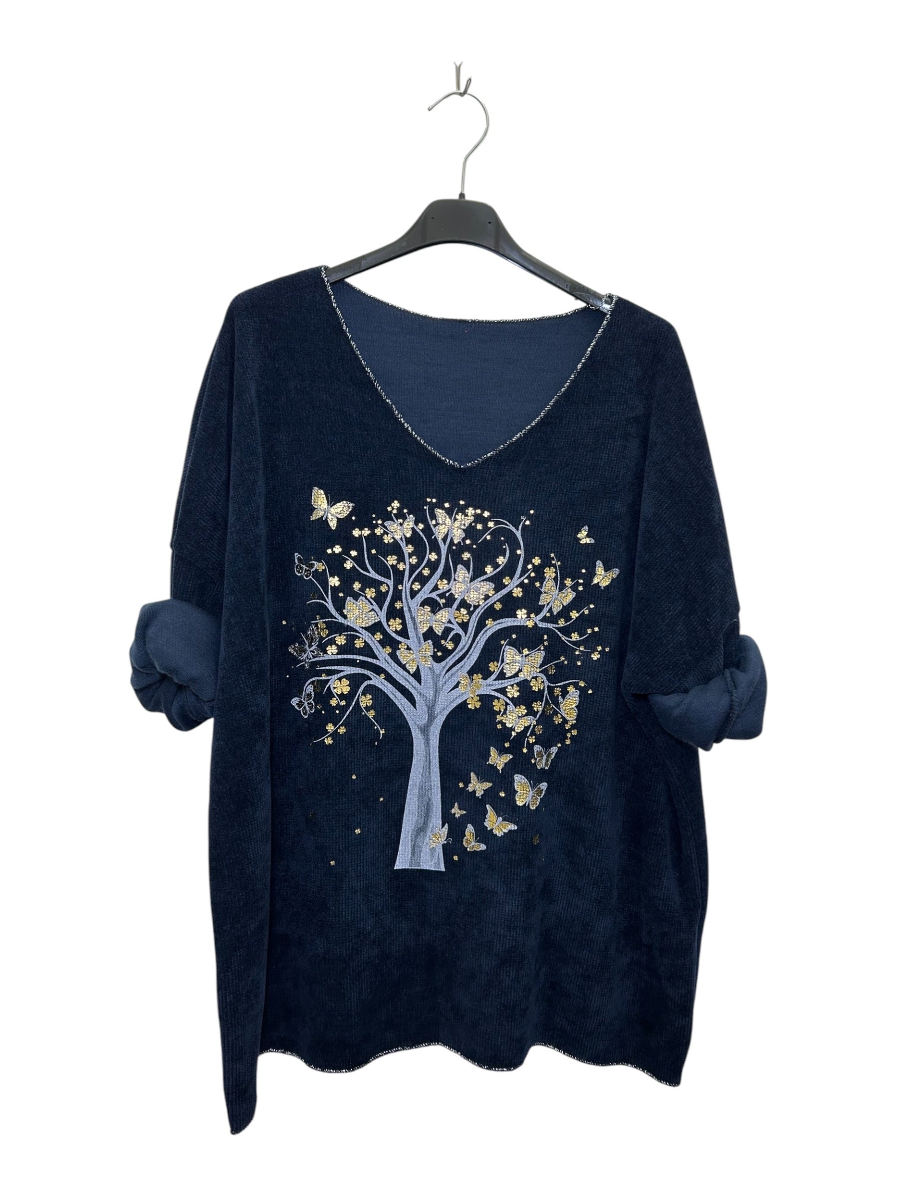 VI331 Navy V-Neck Velvet Tree Print Top