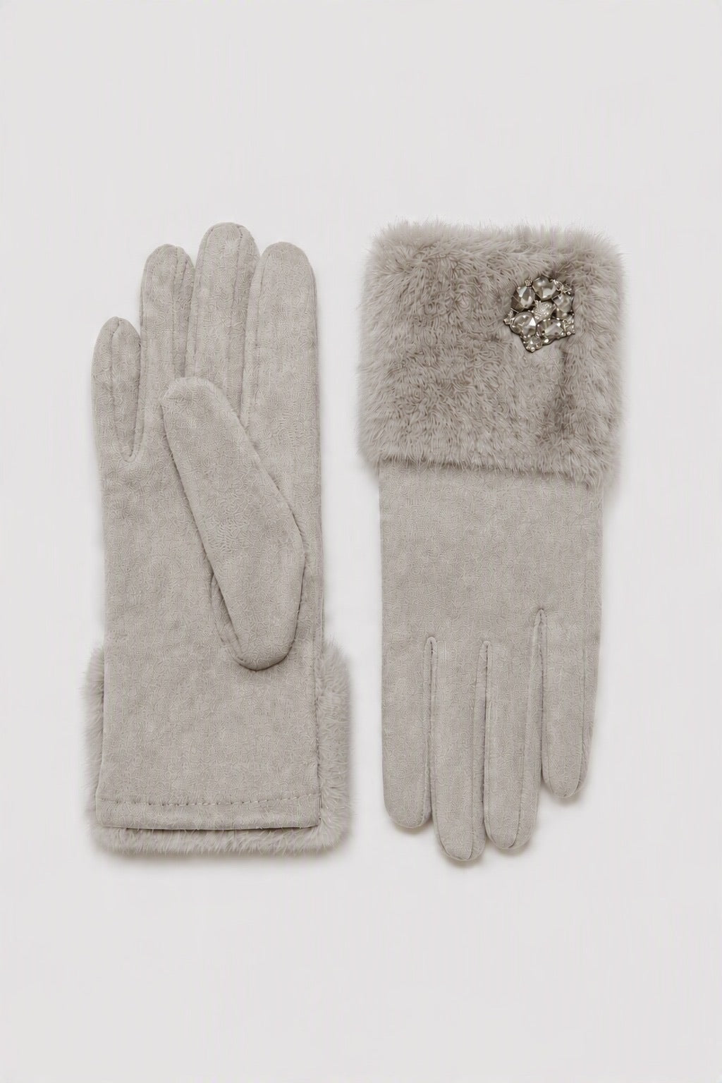 JA307 Grey Jeweled Fur Gloves