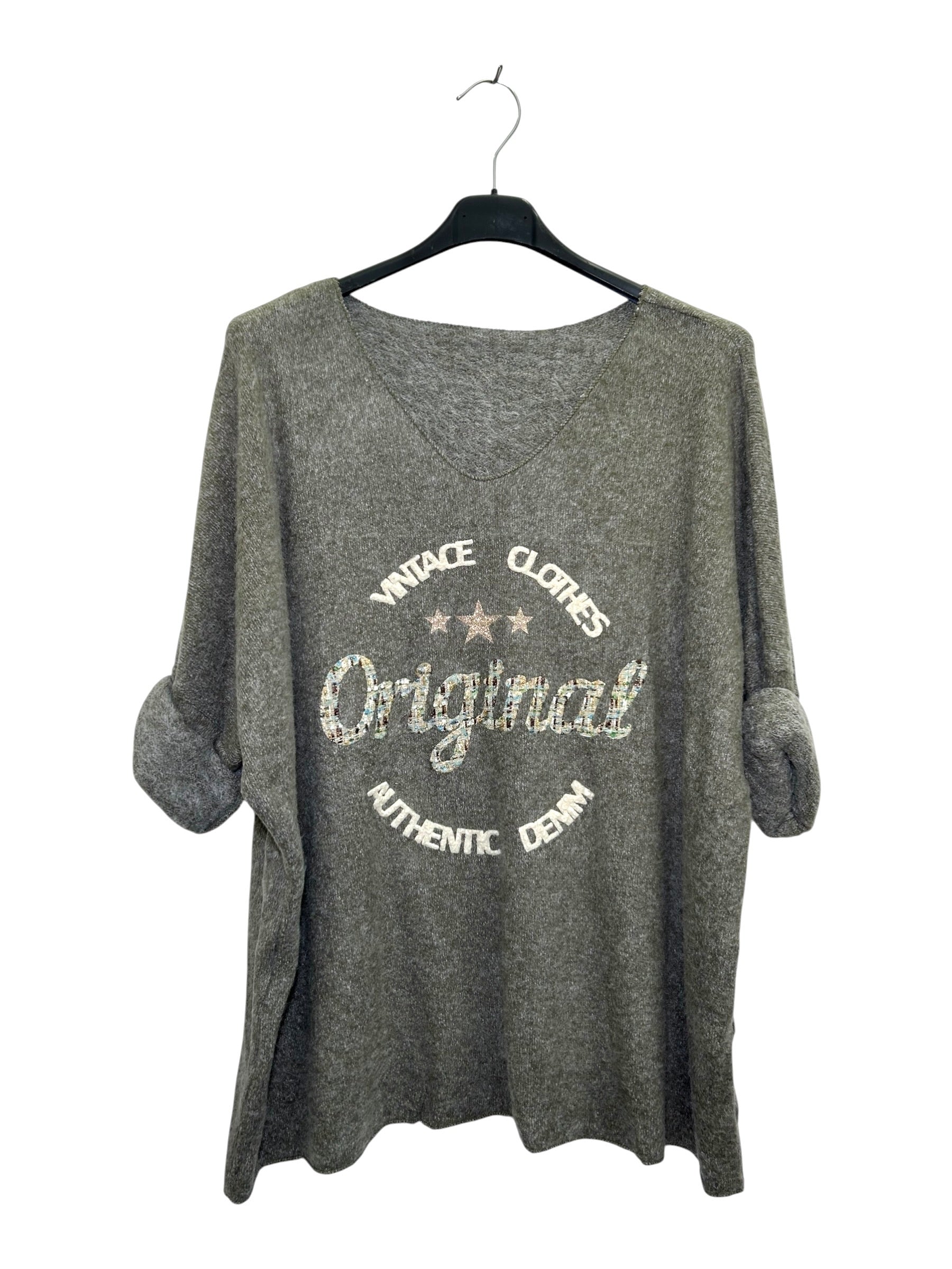 VM37 Khaki Vintage Graphic V-Neck Top