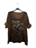 VI336 Chocolate V-Neck Velvet Tree Print Top
