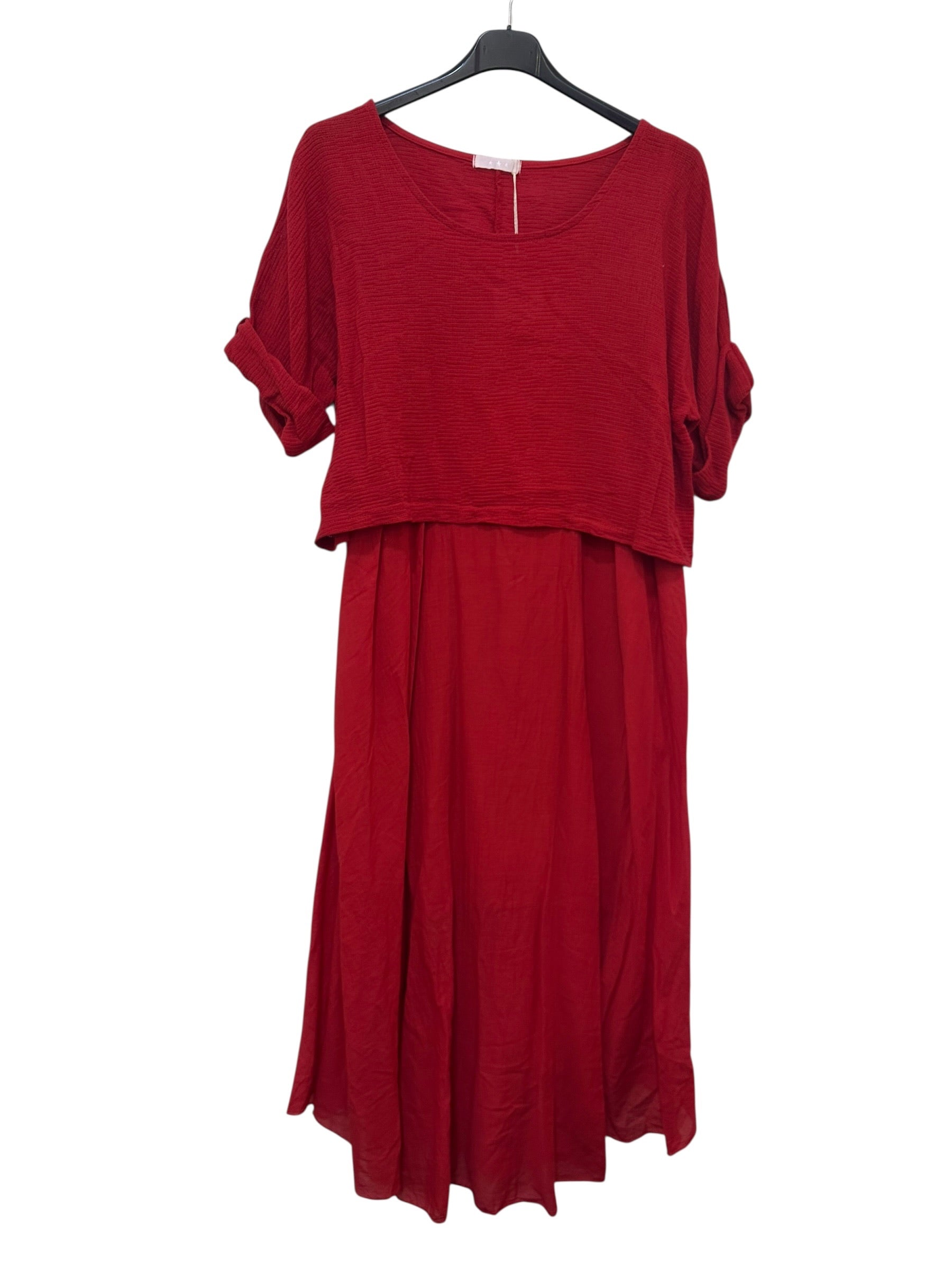 VC2PCSRED Cotton Two-Piece Midi Dress Set Red