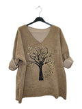 VI334 Camel V-Neck Velvet Tree Print Top