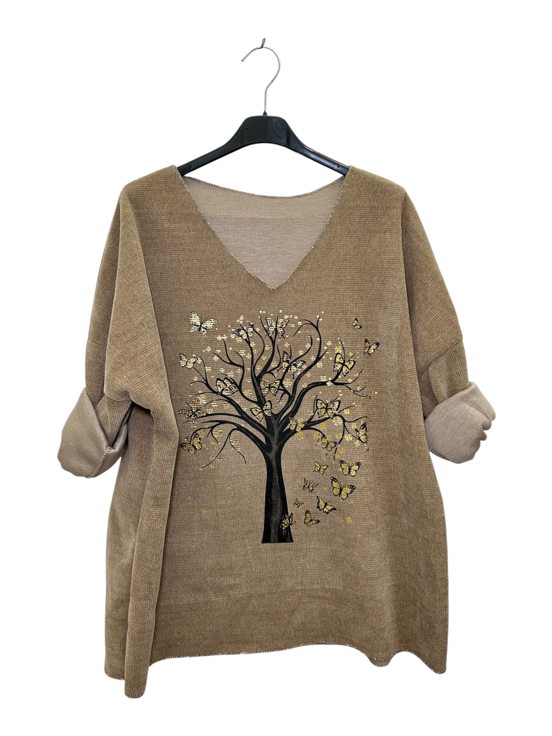 VI334 Camel V-Neck Velvet Tree Print Top