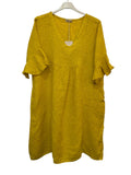 VC484OCH Linen Flutter-Sleeve Dress Ochre