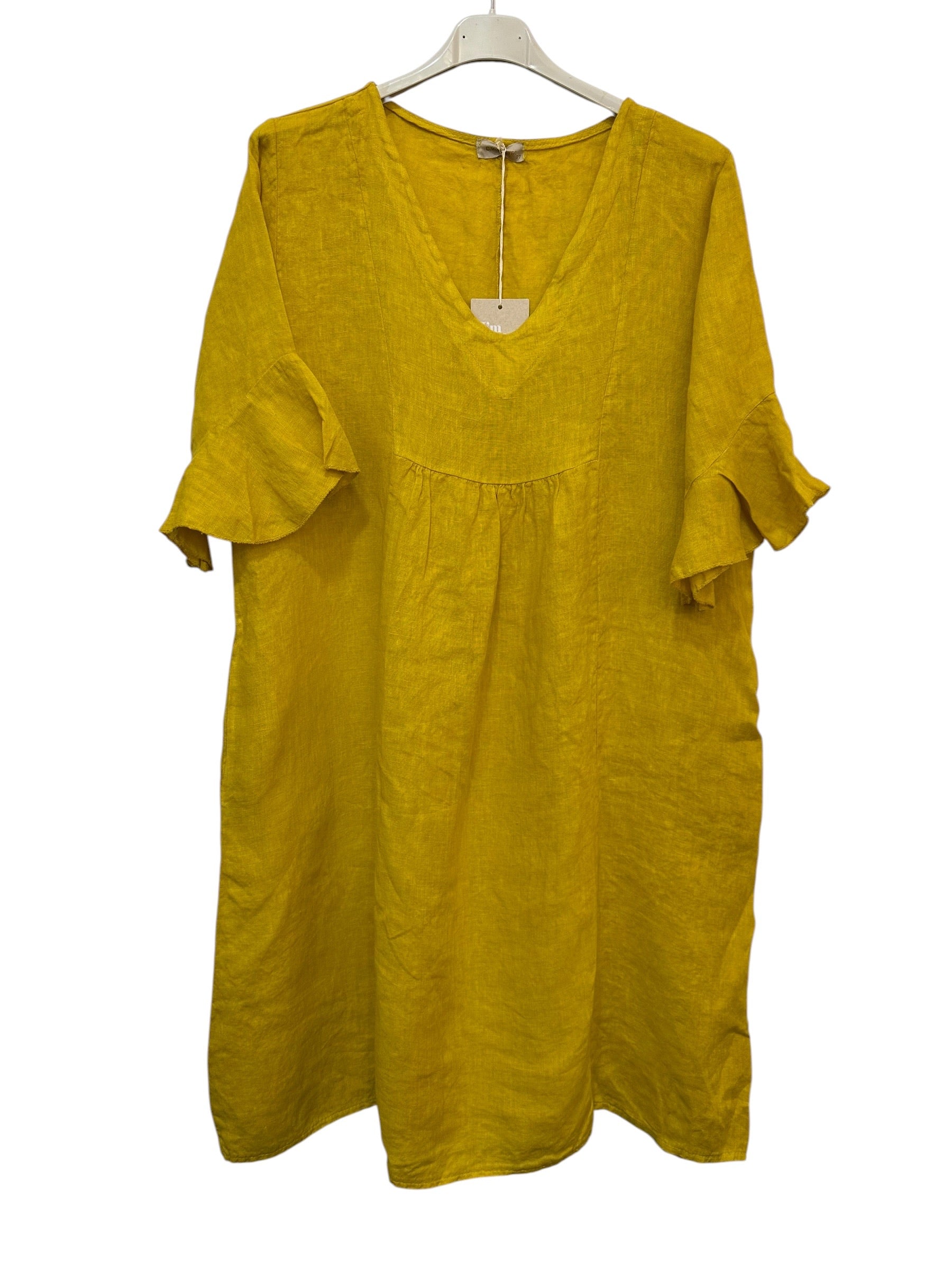 VC484OCH Linen Flutter-Sleeve Dress Ochre
