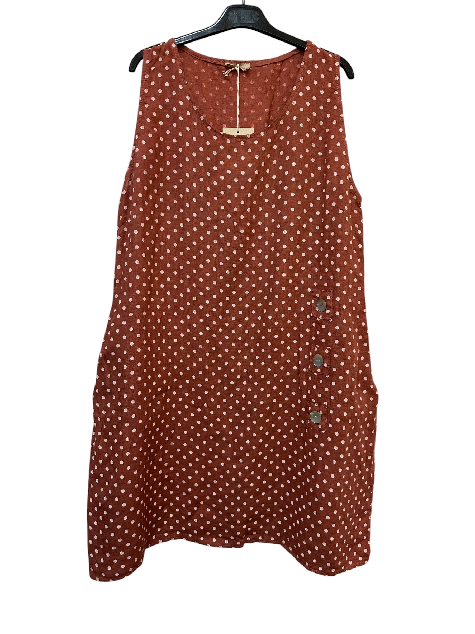 VC1302PBRI Sleeveless Linen Polka Dot Dress Brick