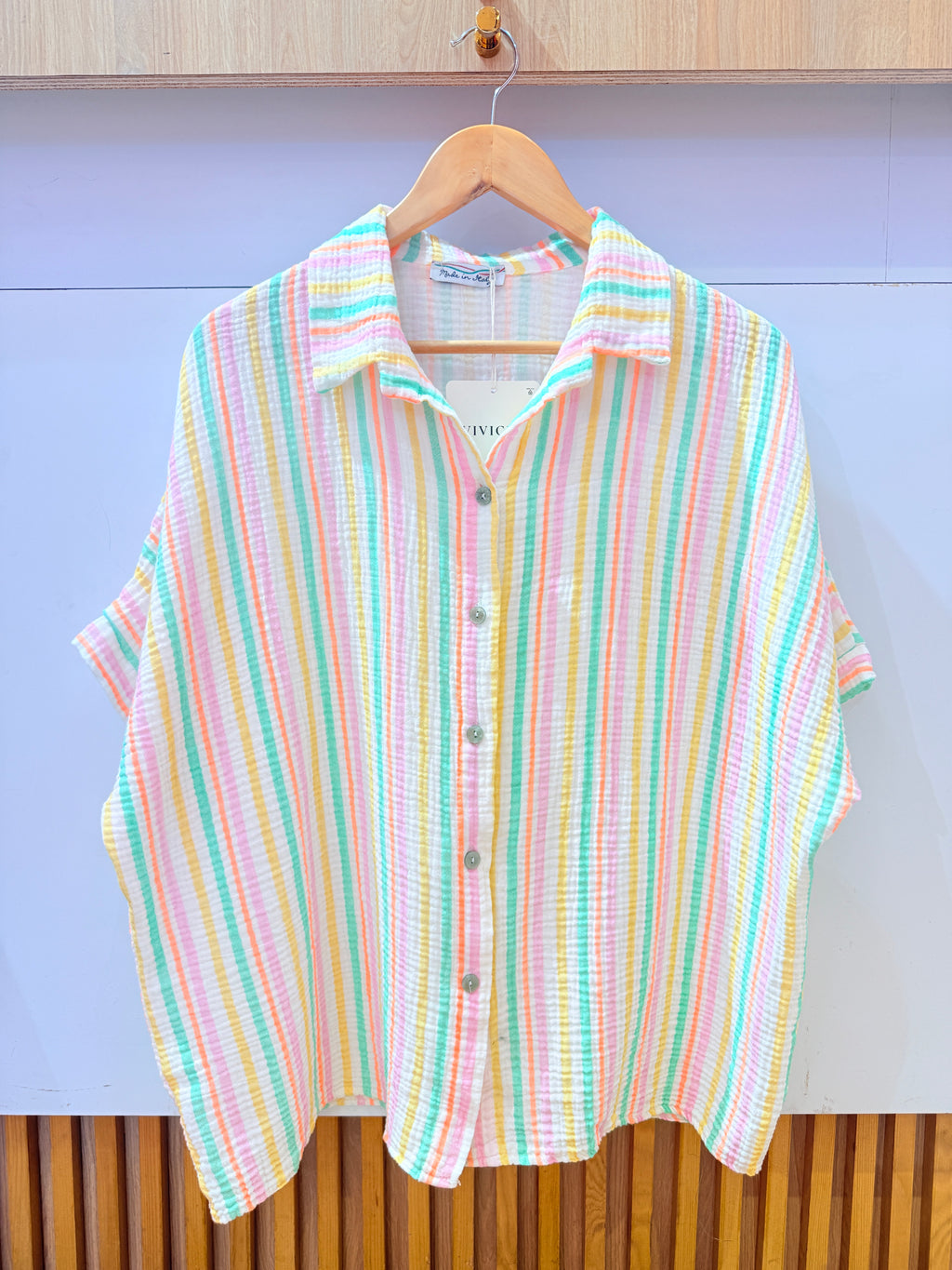 IV2528513GR Gauze Cotton Striped Shirt Green