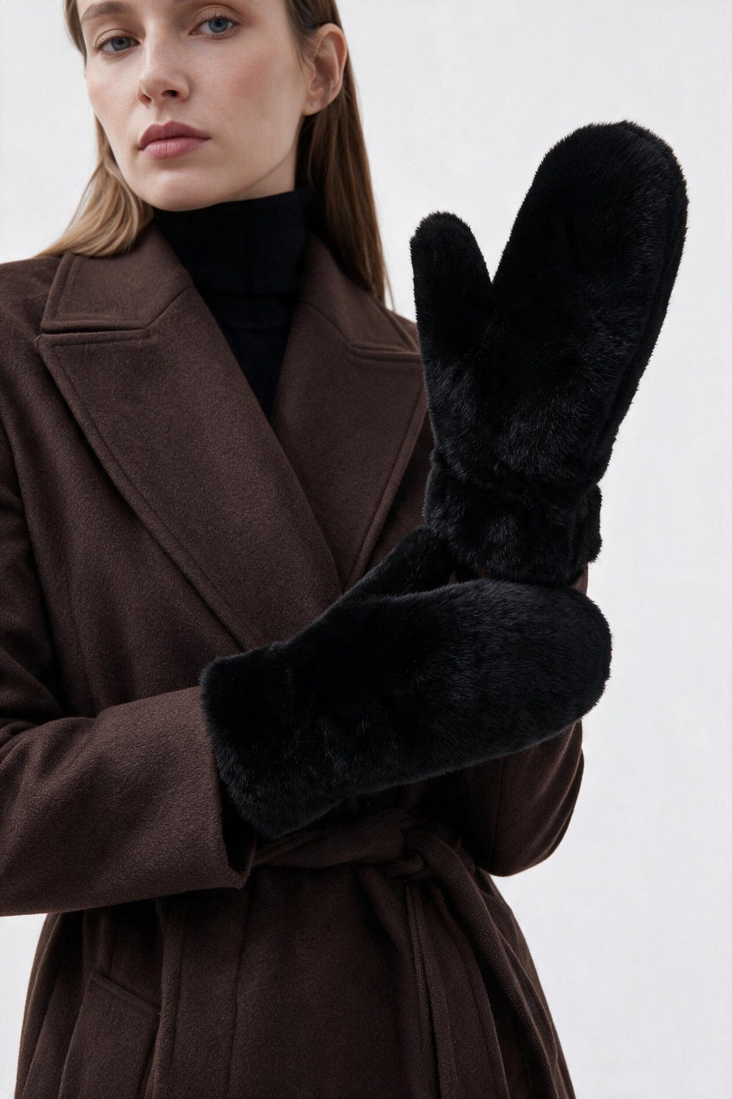 JA308 Black Faux Fur Mittens