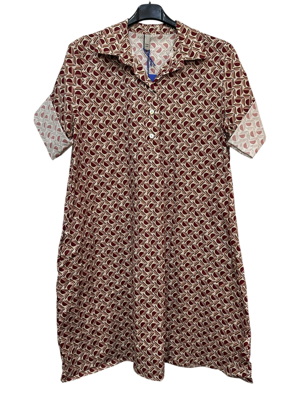 VC24002DLECR Cotton Geometric Shirt Dress Ecru Indian Red