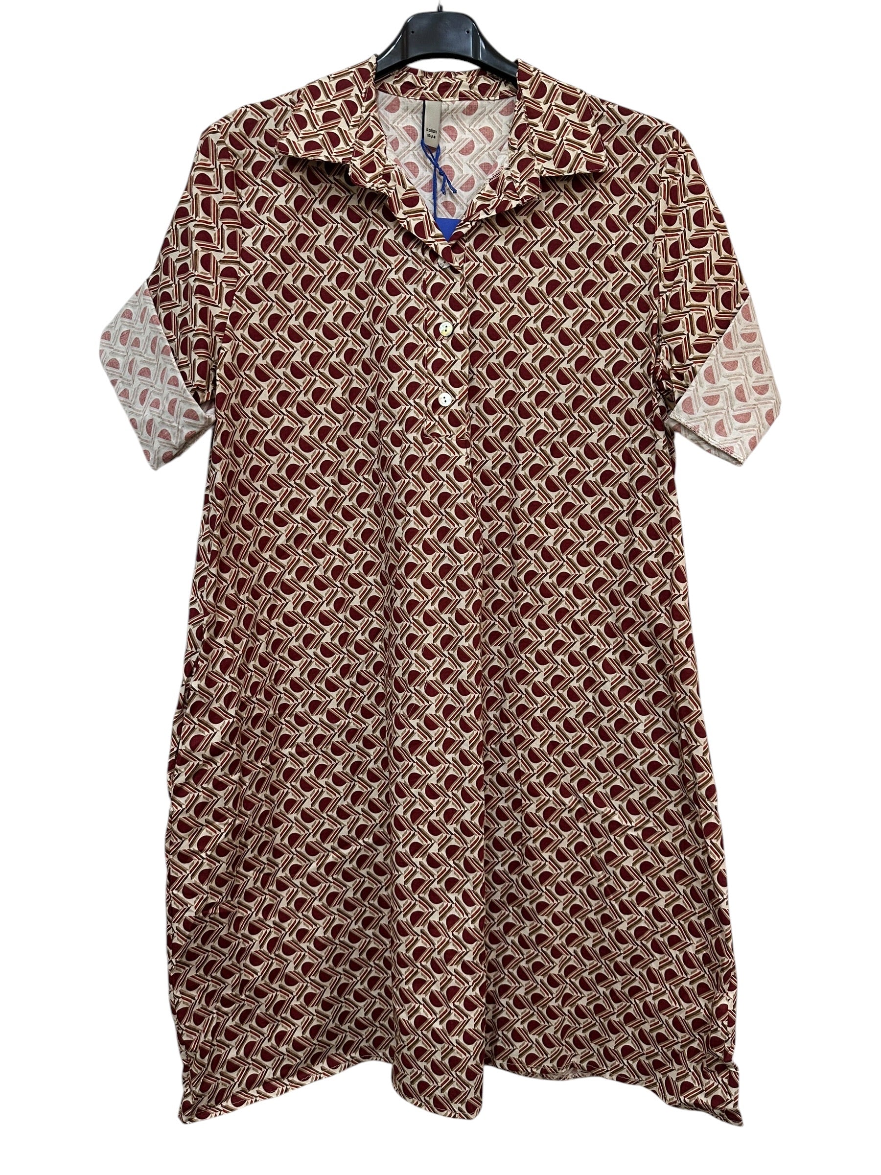VC24002DLECR Cotton Geometric Shirt Dress Ecru Indian Red