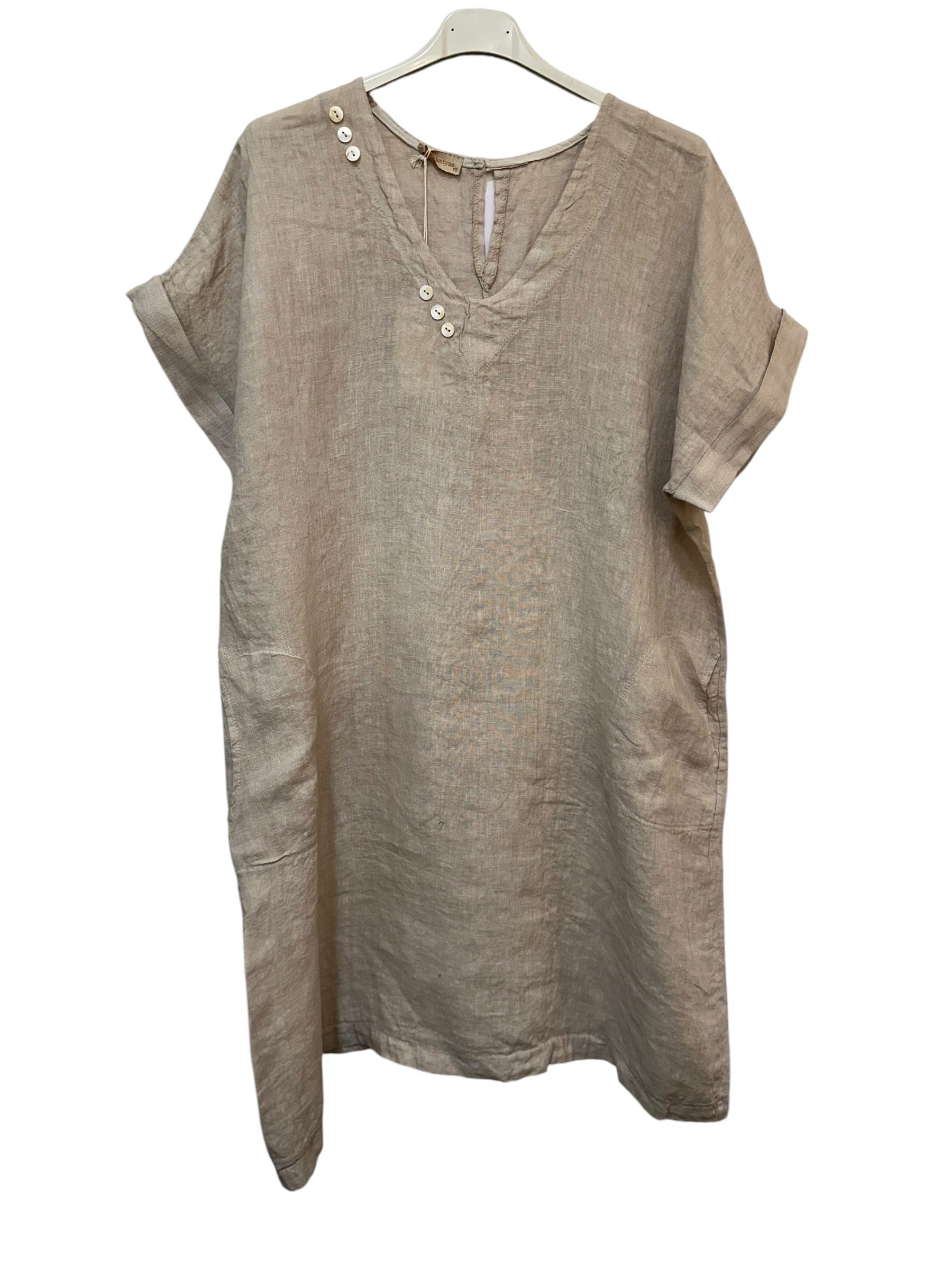 VC3446BEI Linen V-Neck Dress Beige