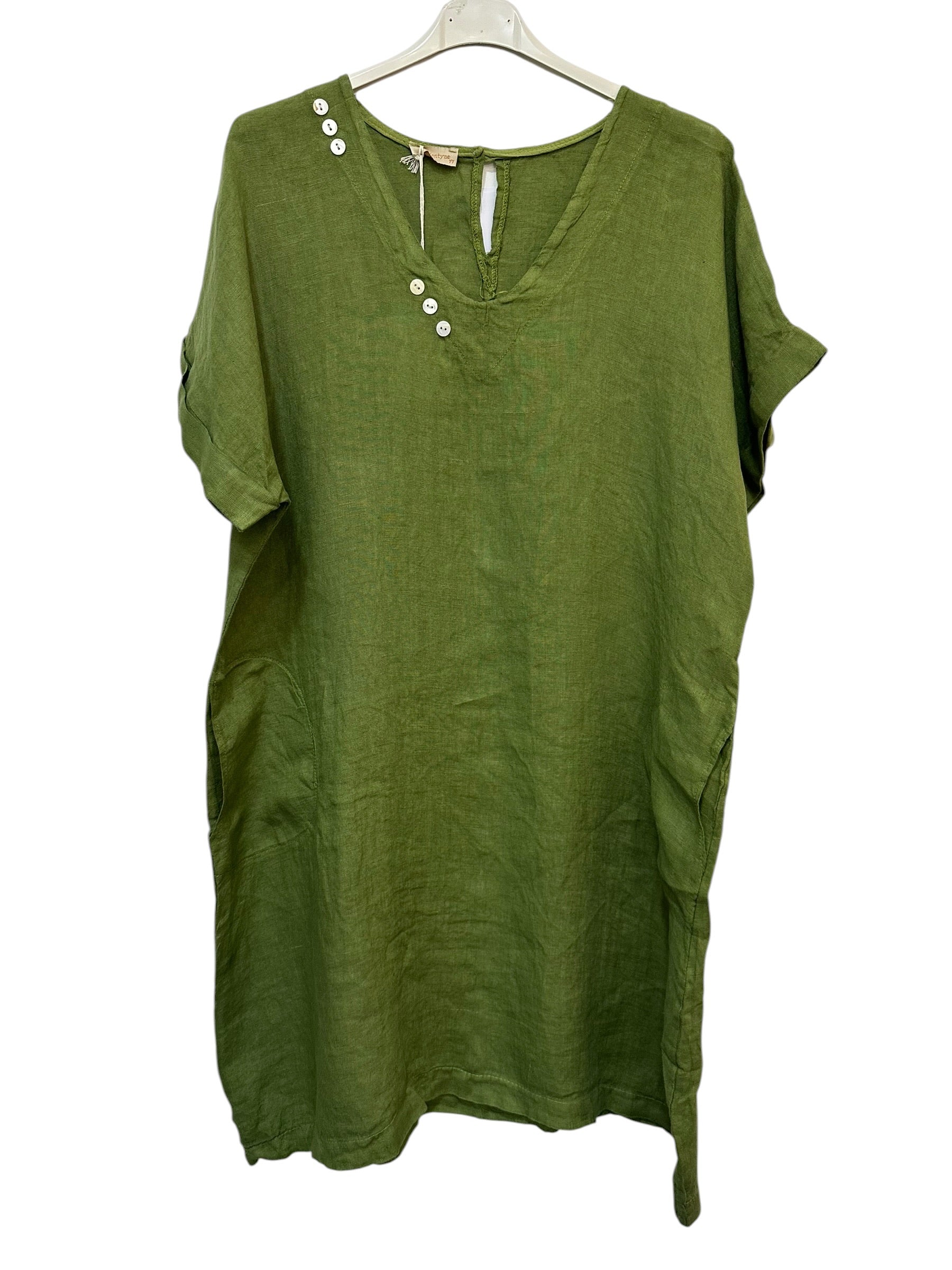 VC3446OLI Linen V-Neck Dress Olive Green