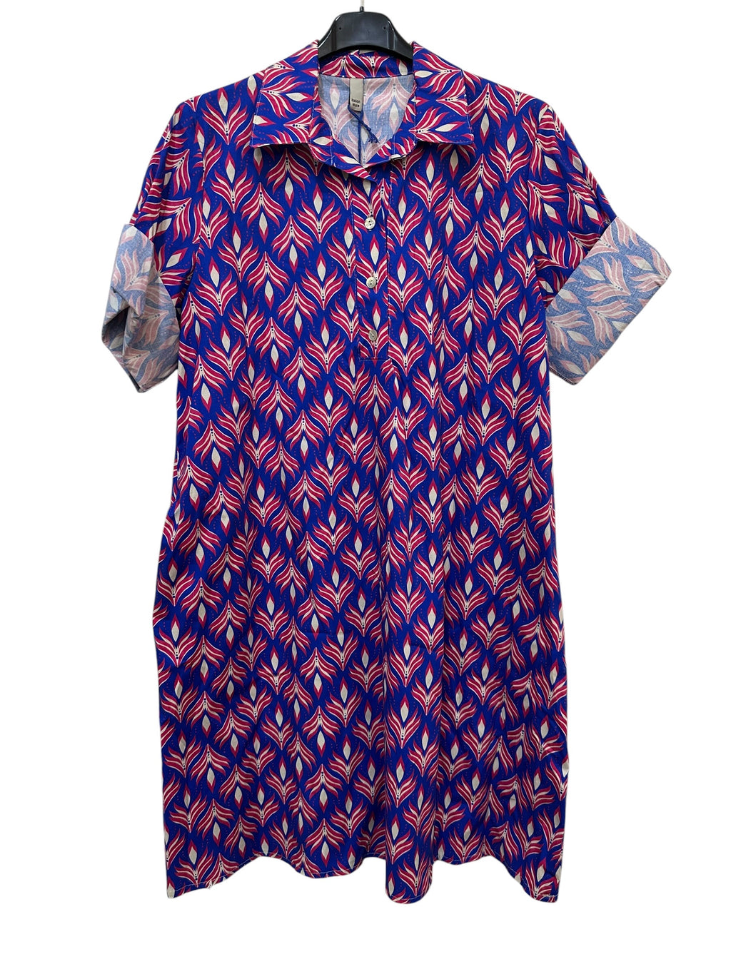 VC24002HROY Cotton Leaf Print Shirt Dress Royal Blue