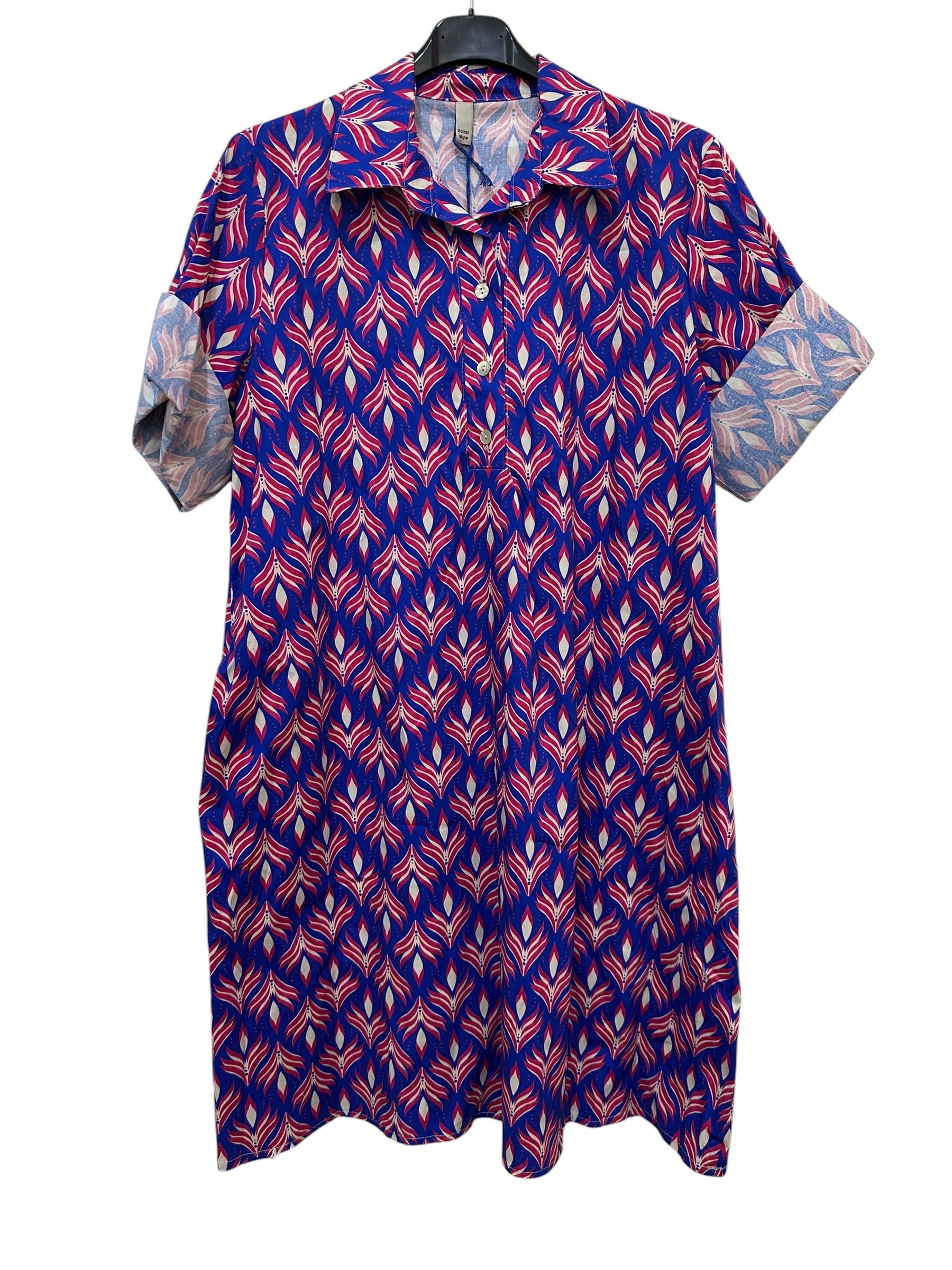VC24002HROY Cotton Leaf Print Shirt Dress Royal Blue