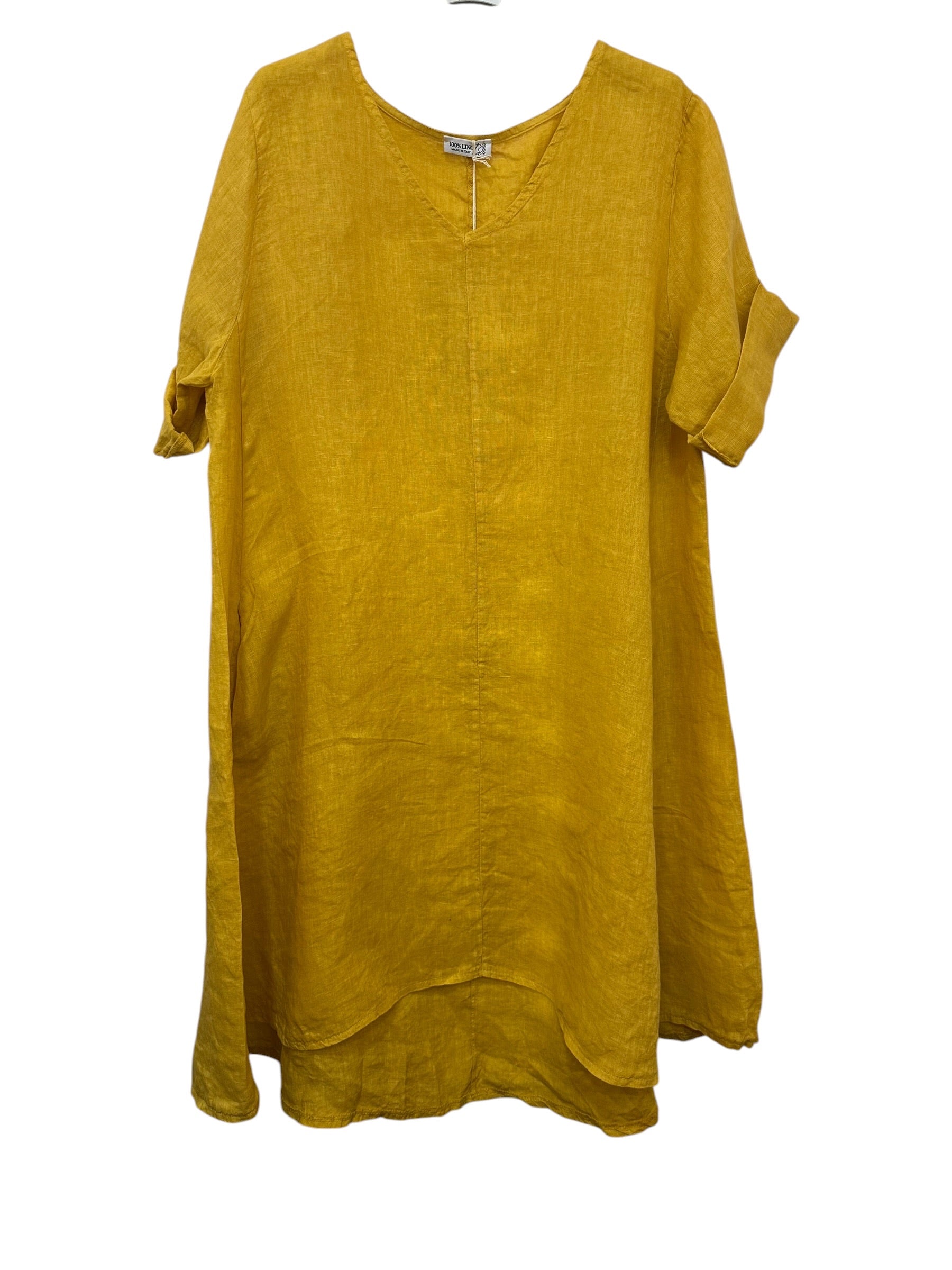 VC5394OCH Linen V-Neck Midi Dress Ochre
