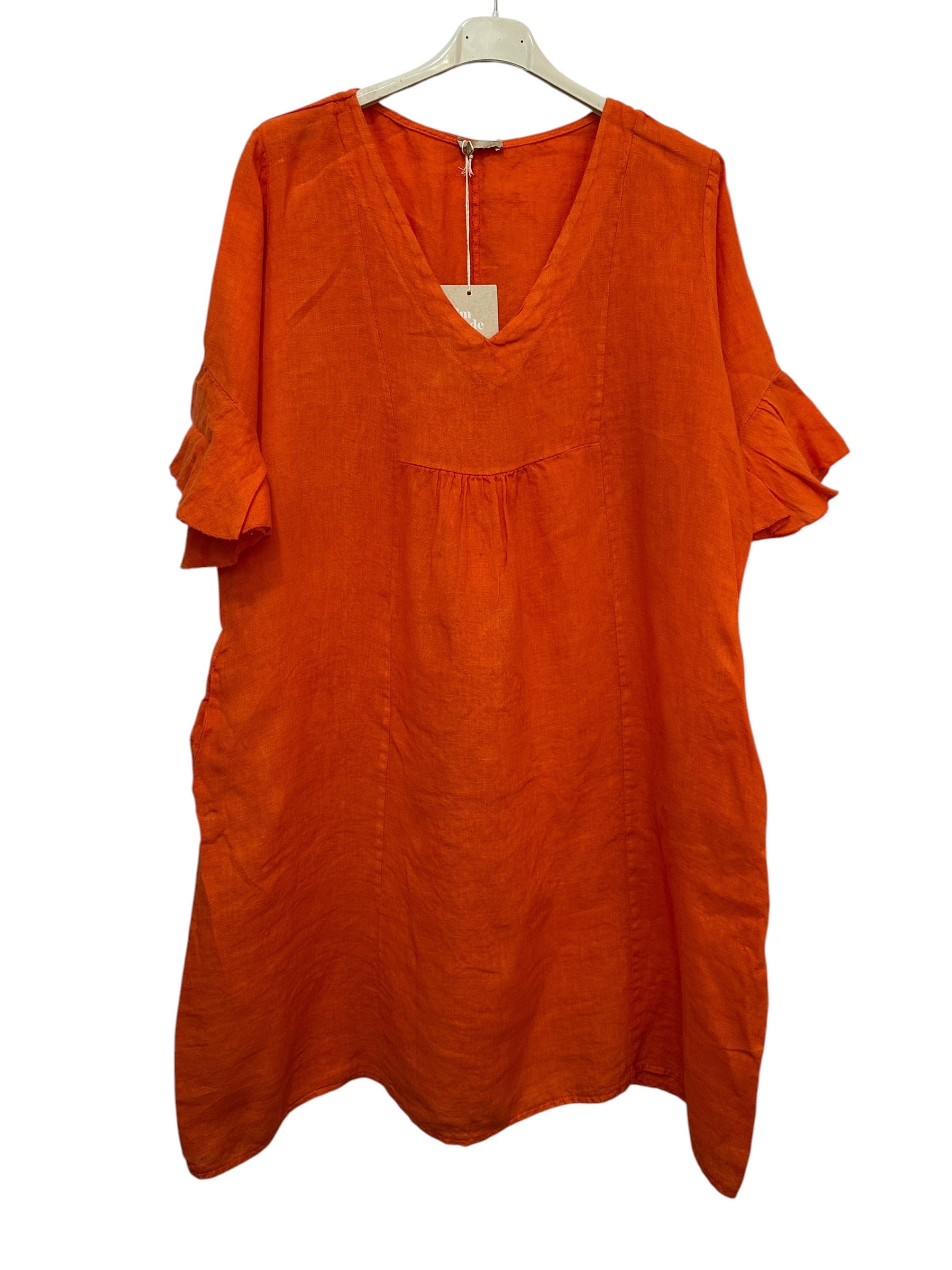 VC484ORA Linen Flutter-Sleeve Dress Orange