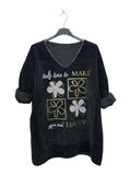 VM33 Black Floral Graphic V-Neck Velvet Top