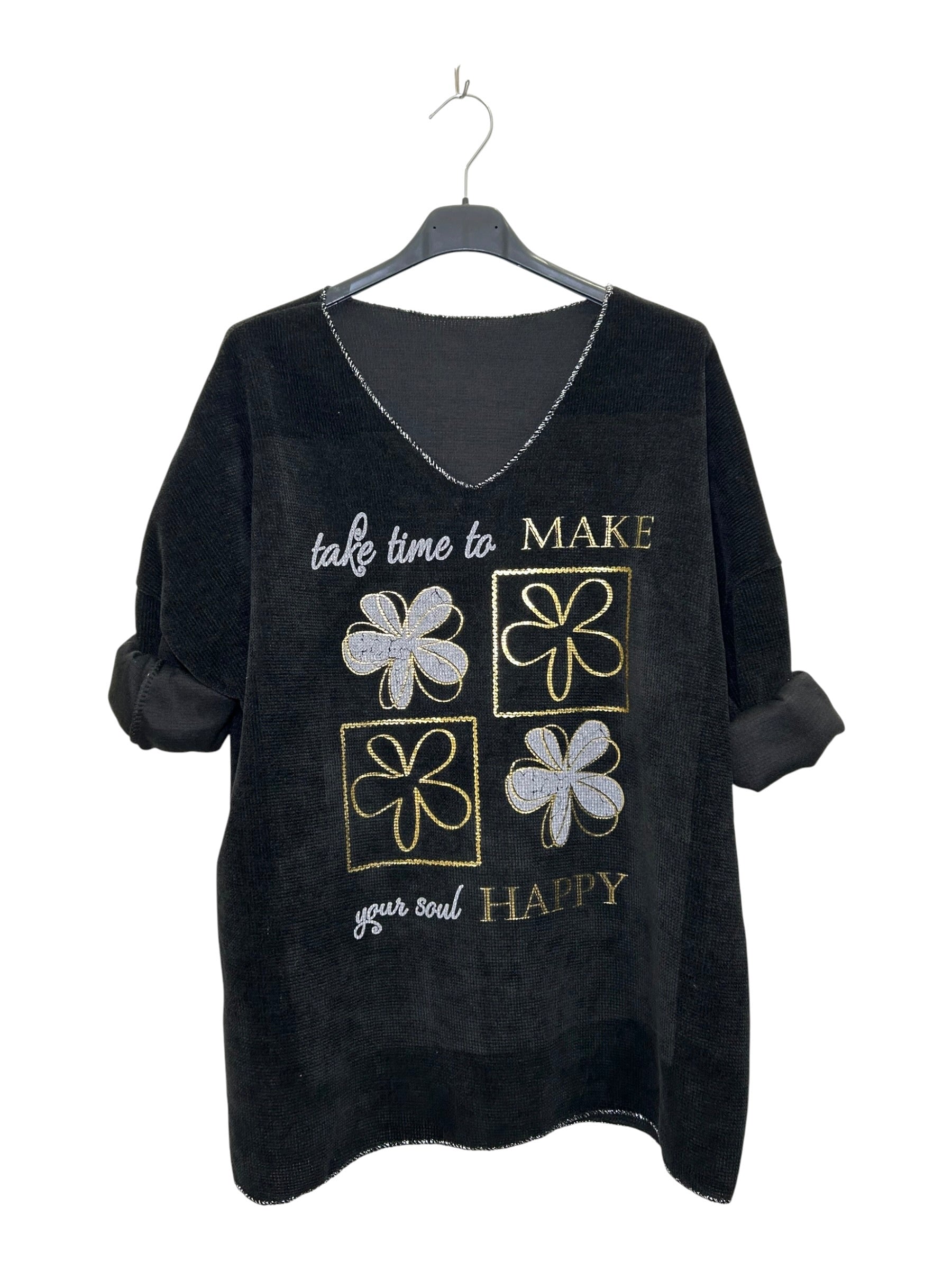 VM33 Black Floral Graphic V-Neck Velvet Top