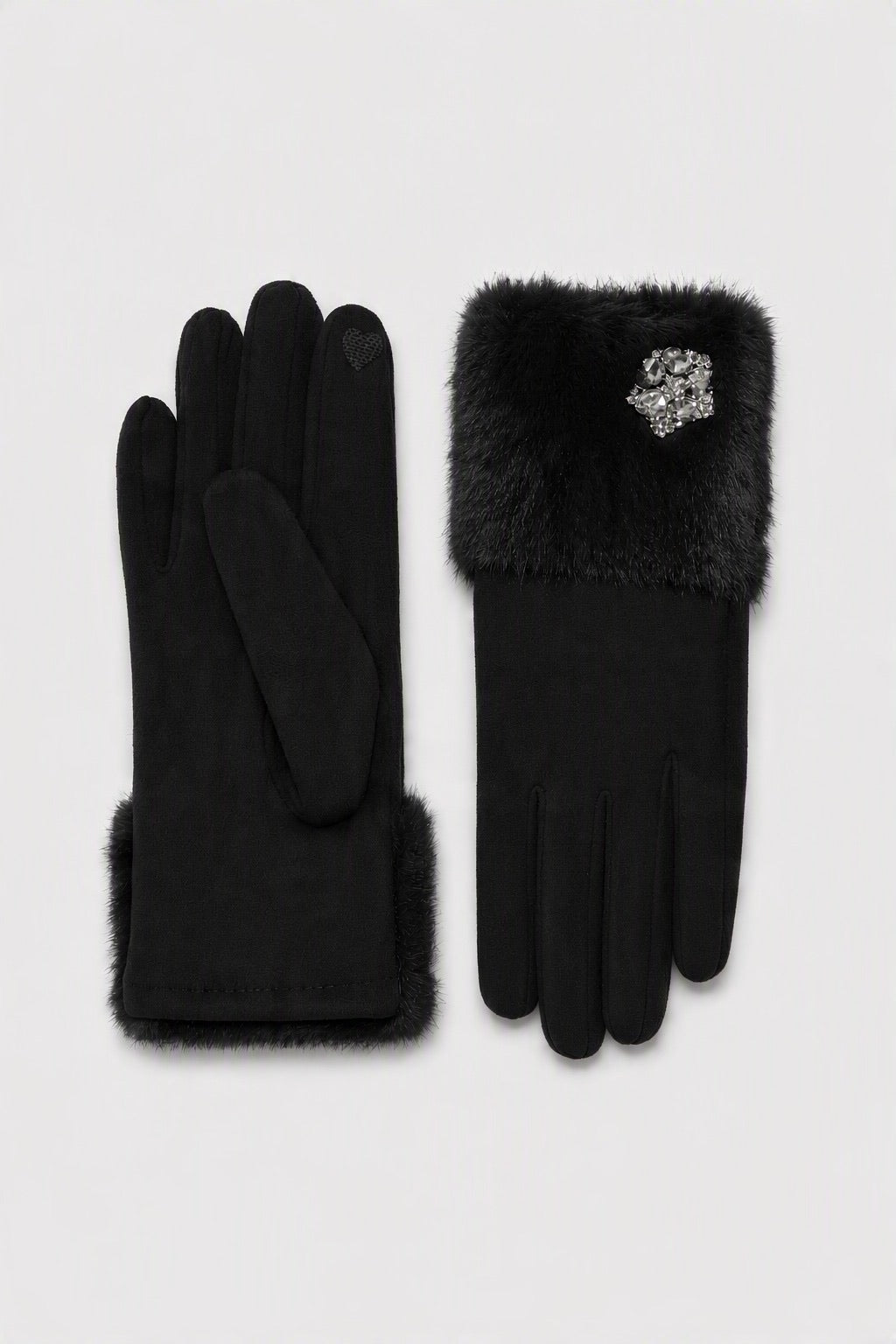 JA303 Black Jeweled Fur Gloves