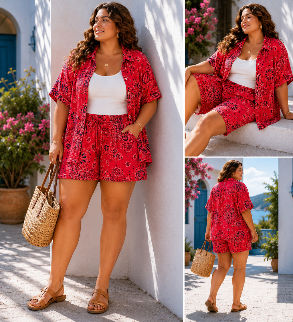IV25262125RD Gauze Cotton Bandana Shorts Plus Size Red