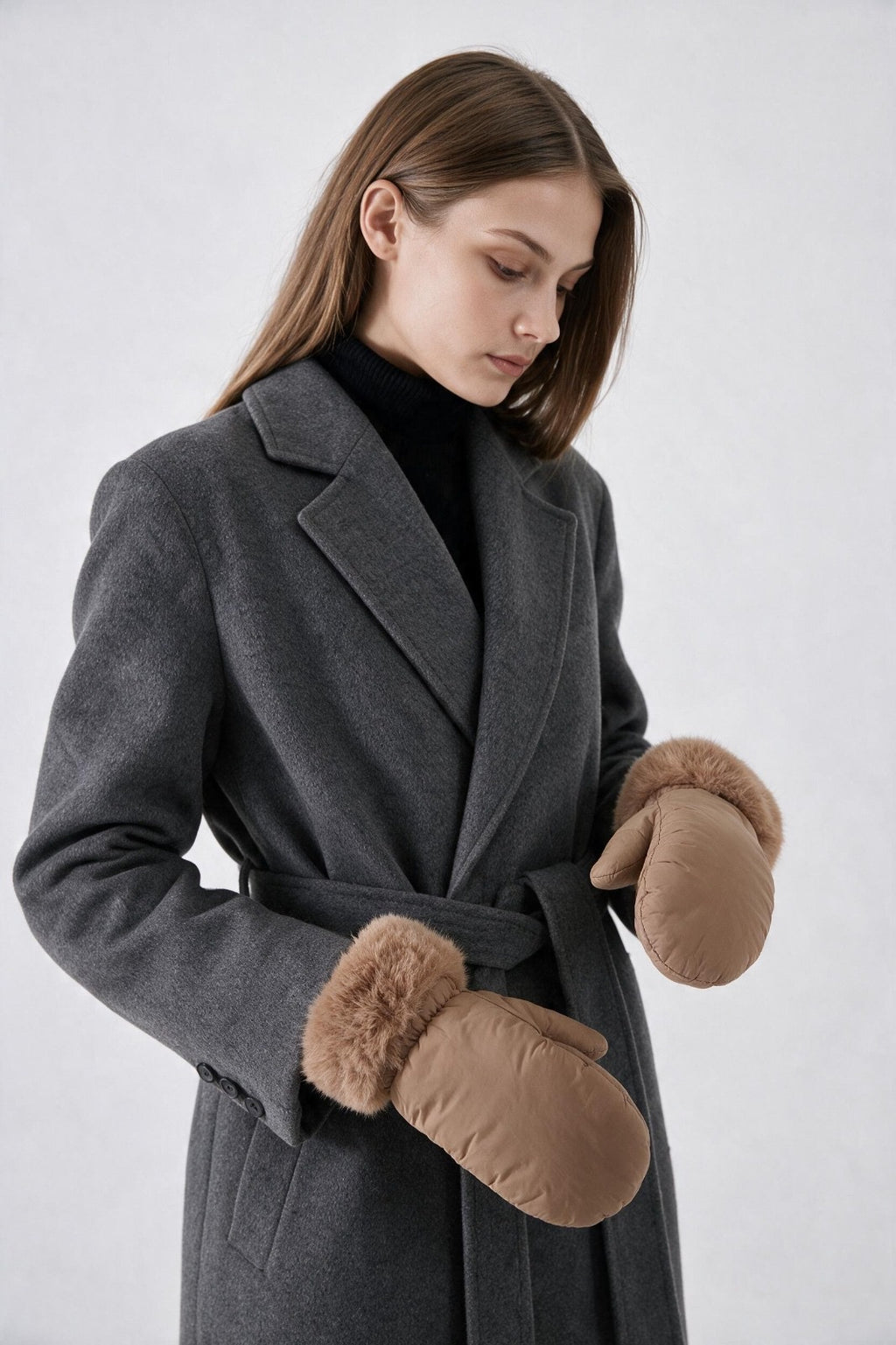 JA373 Camel Fur Trim Puffer Mittens