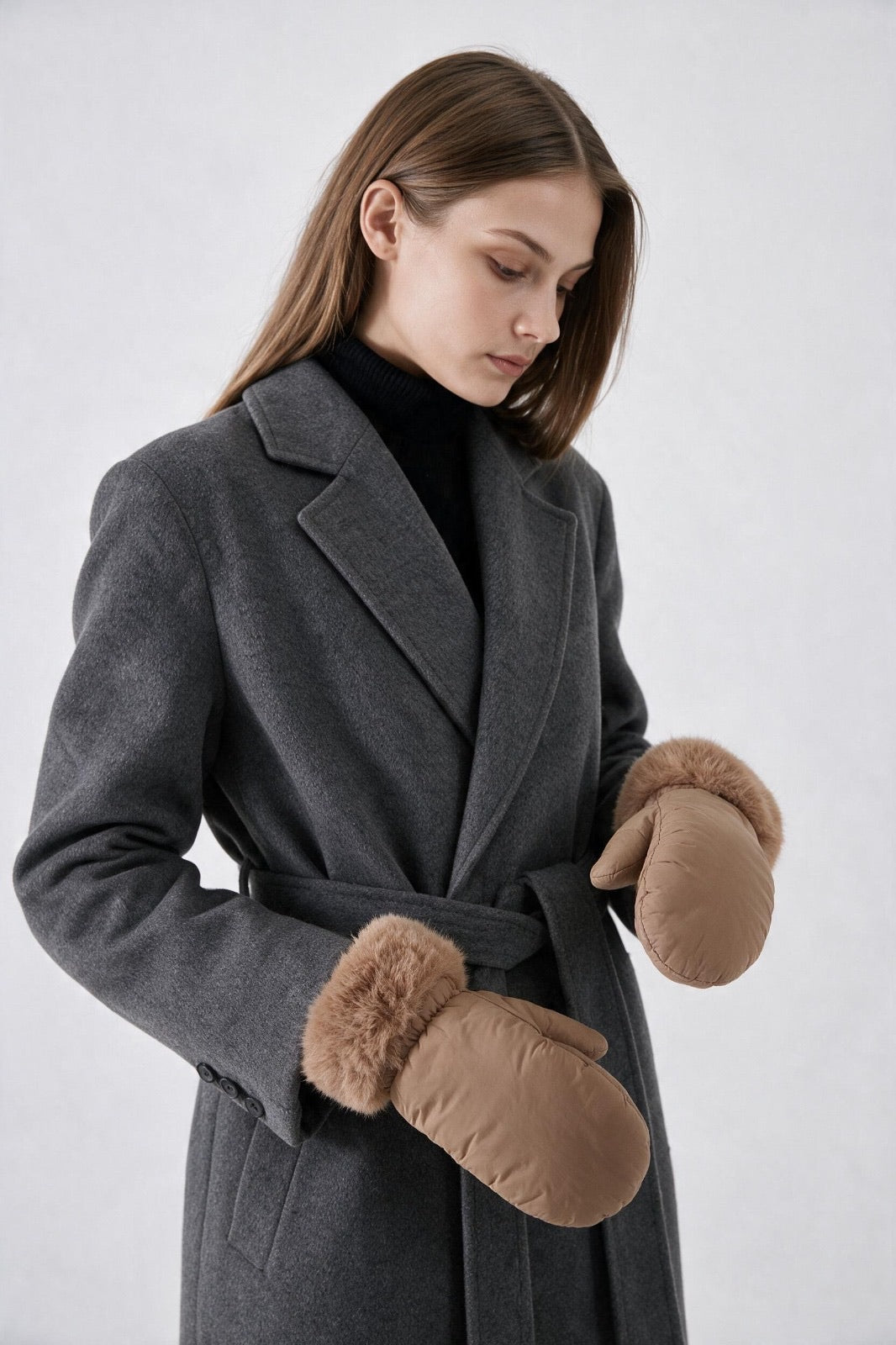 JA373 Camel Fur Trim Puffer Mittens