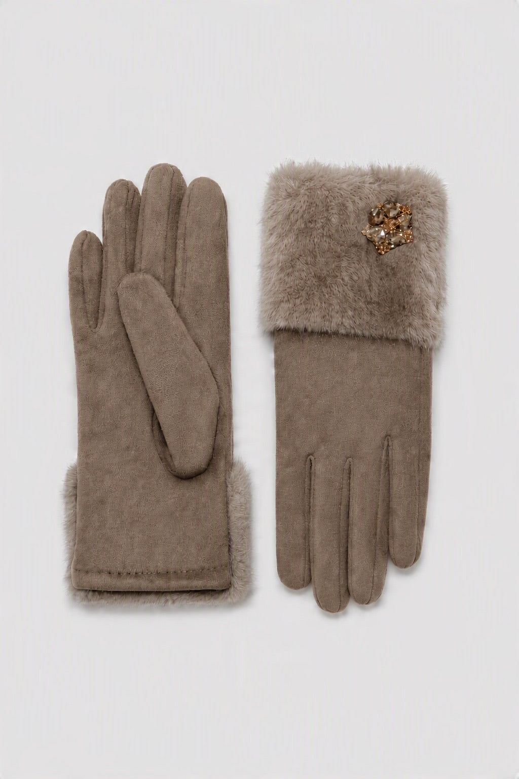 JA305 Taupe Jeweled Fur Gloves