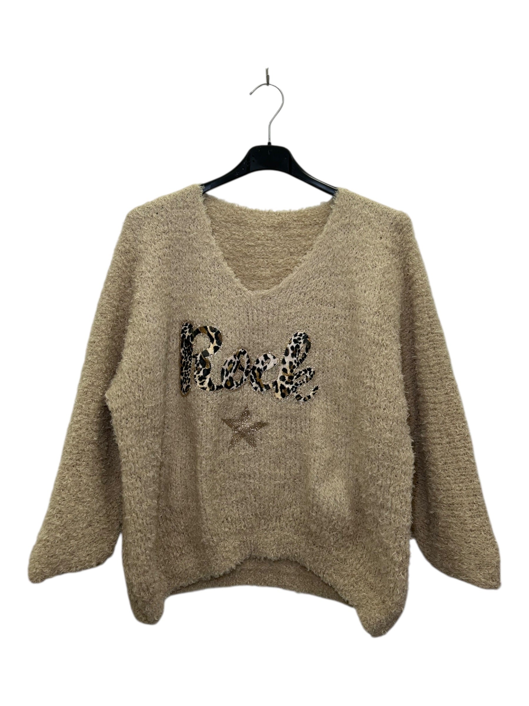 VM74 Beige Rock Print Teddy Sweater