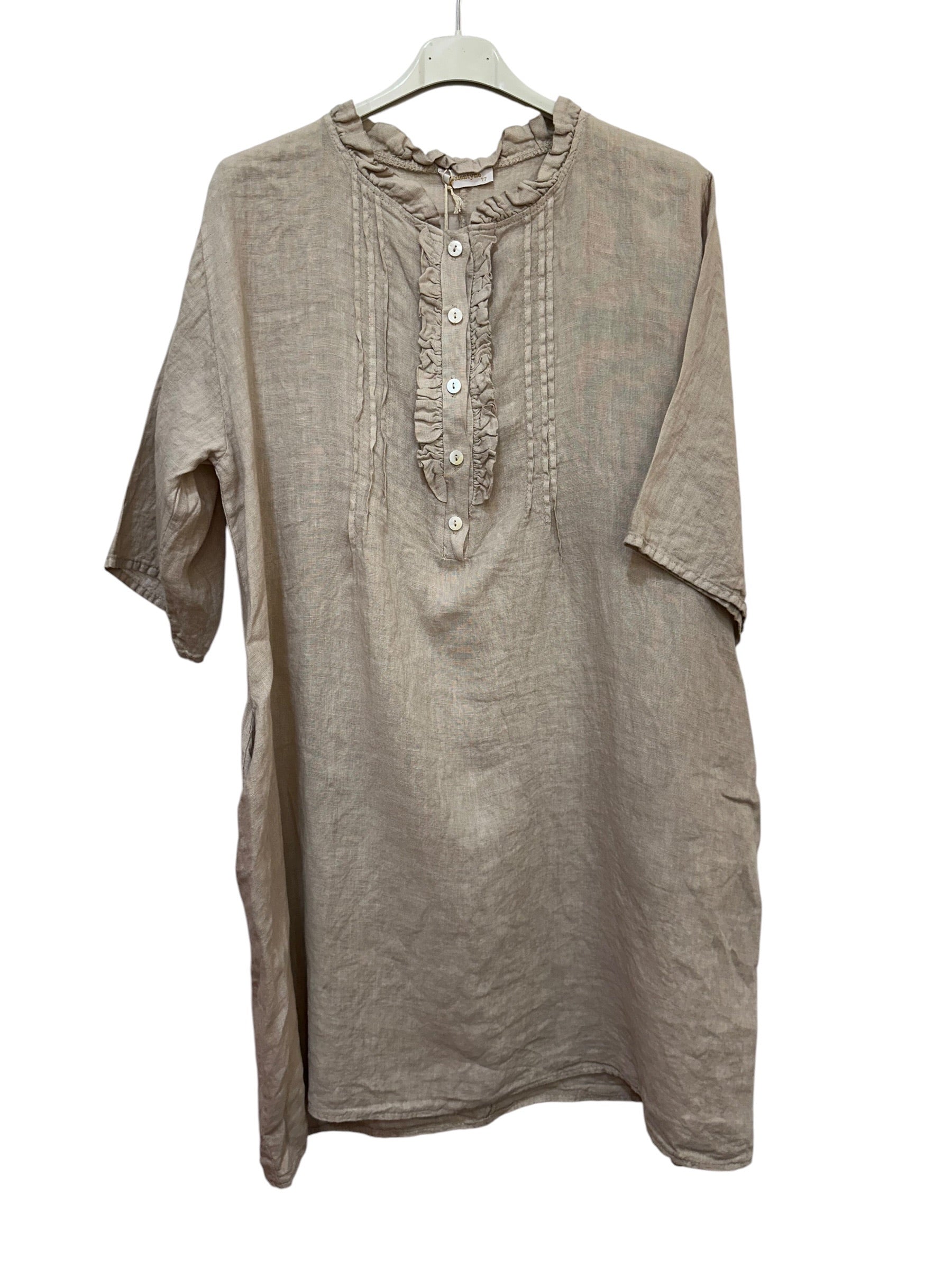 VC0595BEI Linen Ruffle Placket Dress Beige