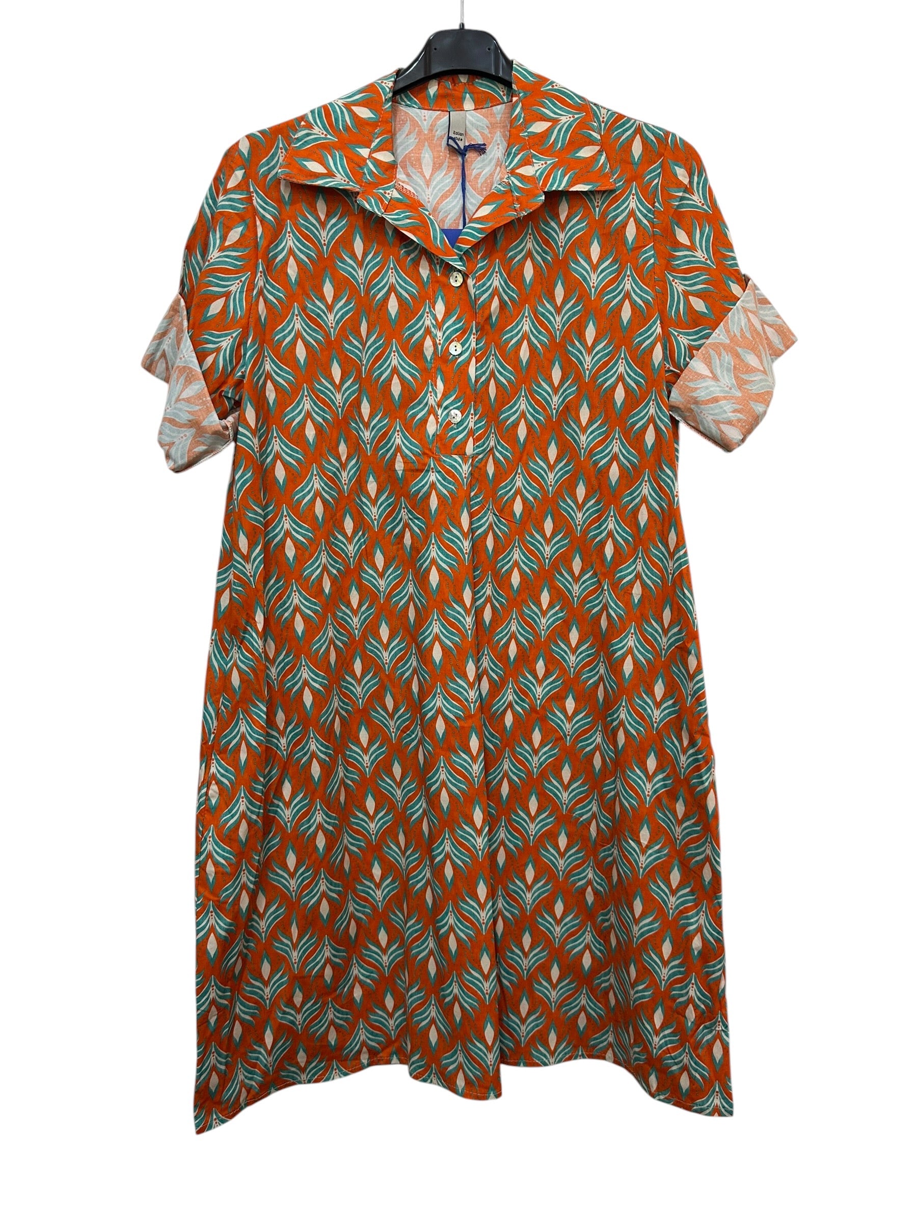 VC24002HORA Cotton Leaf Print Shirt Dress Orange
