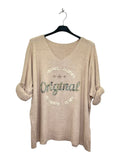 VM39 Beige Vintage Graphic V-Neck Top