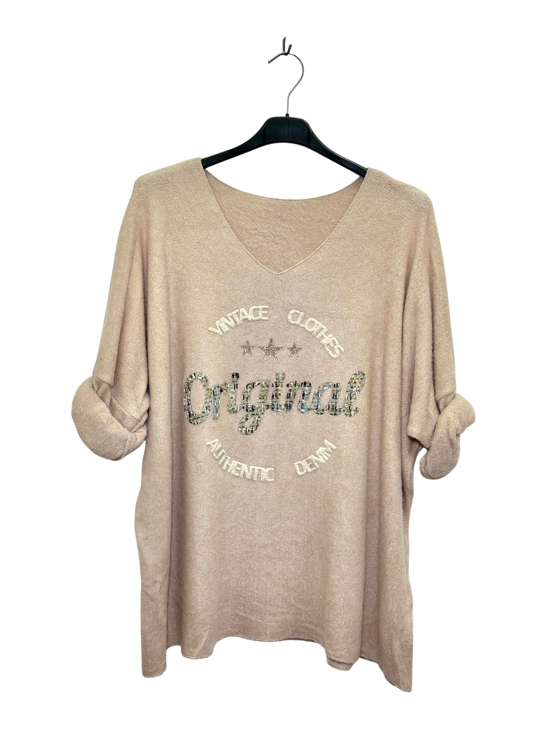 VM39 Beige Vintage Graphic V-Neck Top