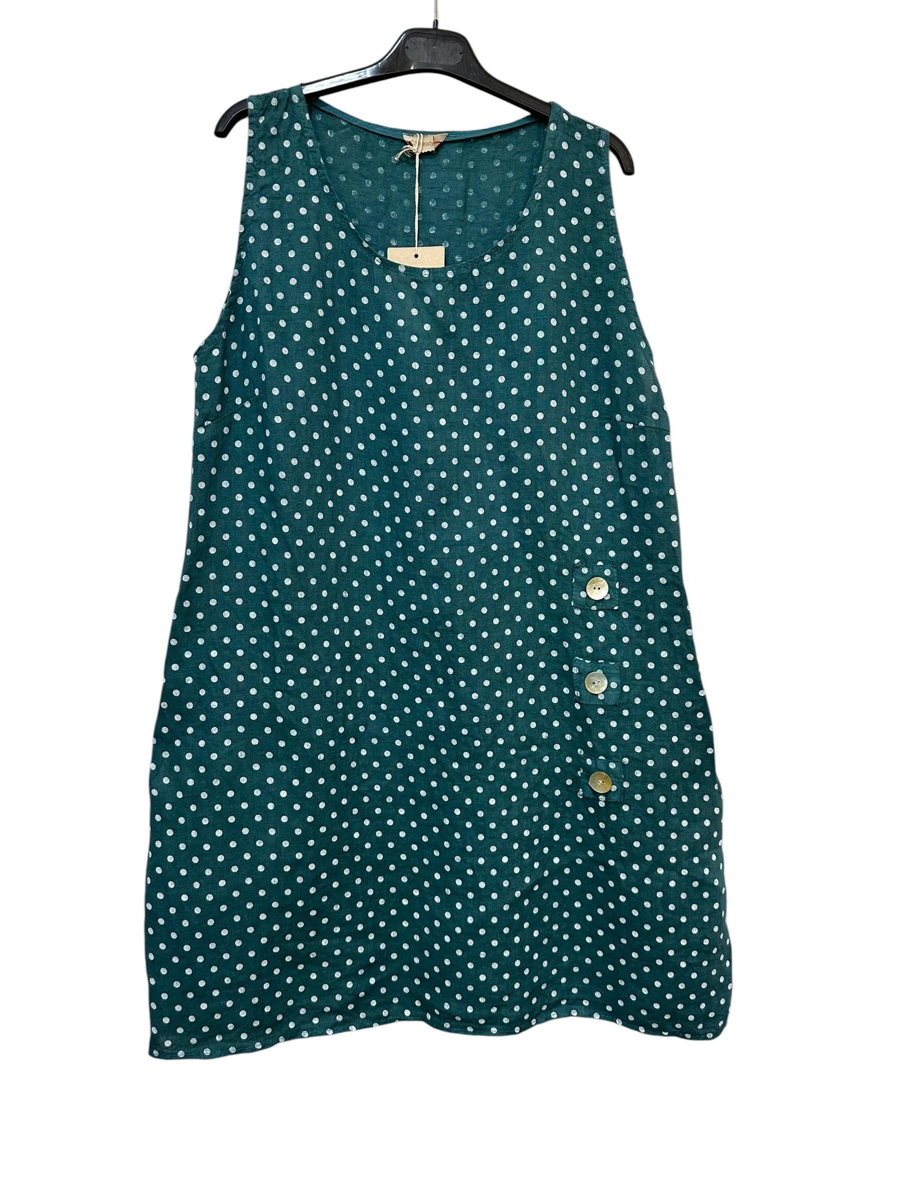 VC1302PPET Sleeveless Linen Polka Dot Dress Petrol Blue