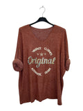 VM35 Brick Rust Vintage Graphic V-Neck Top