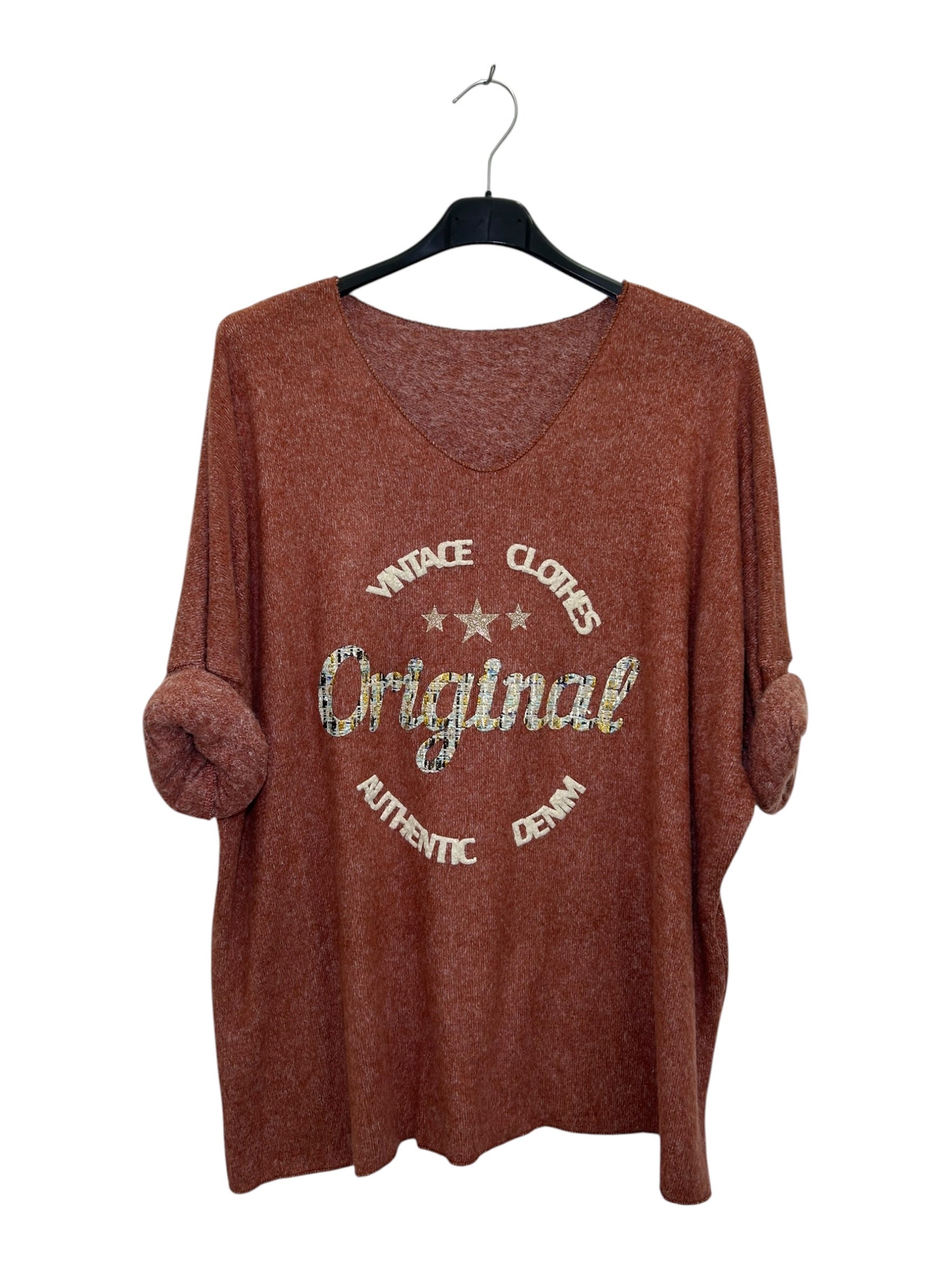 VM35 Brick Rust Vintage Graphic V-Neck Top