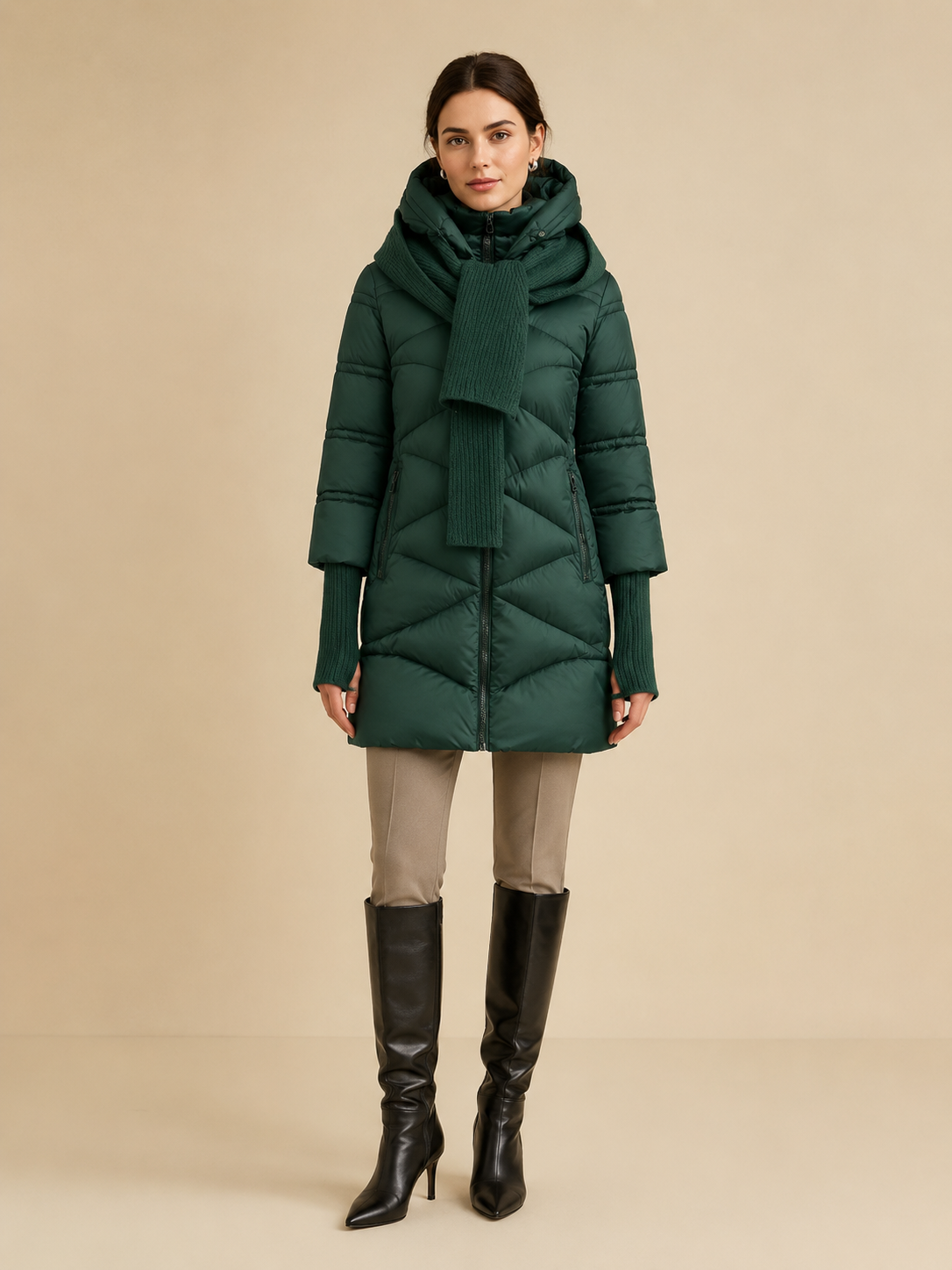 SF005 Scarf-Detail Hooded Puffer Coat
