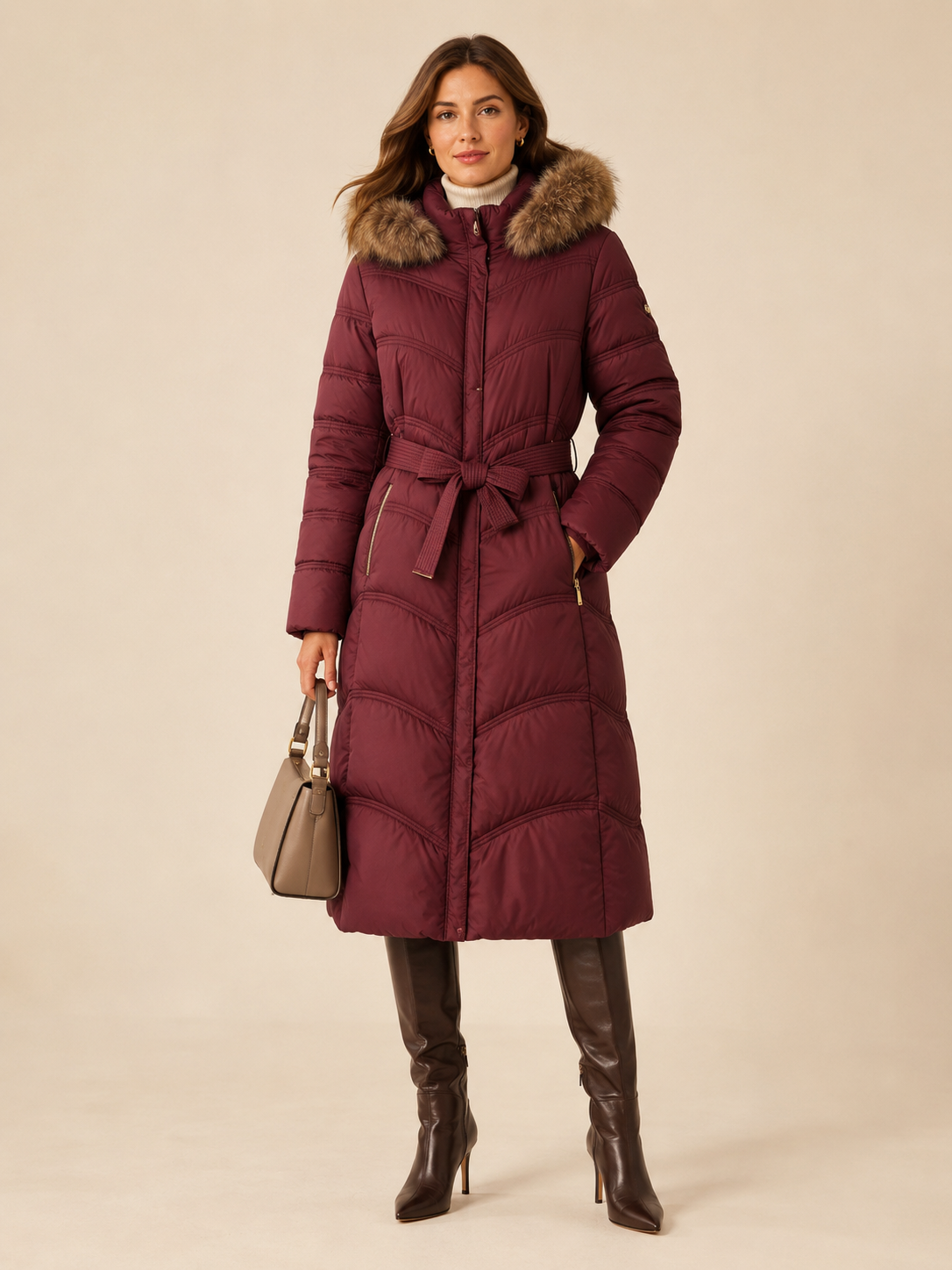 SF006 Belted Fur-Trim Maxi Puffer Coat