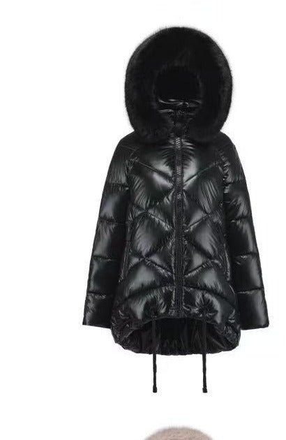 SF011 Fur-Hood Drawstring Puffer Coat Black