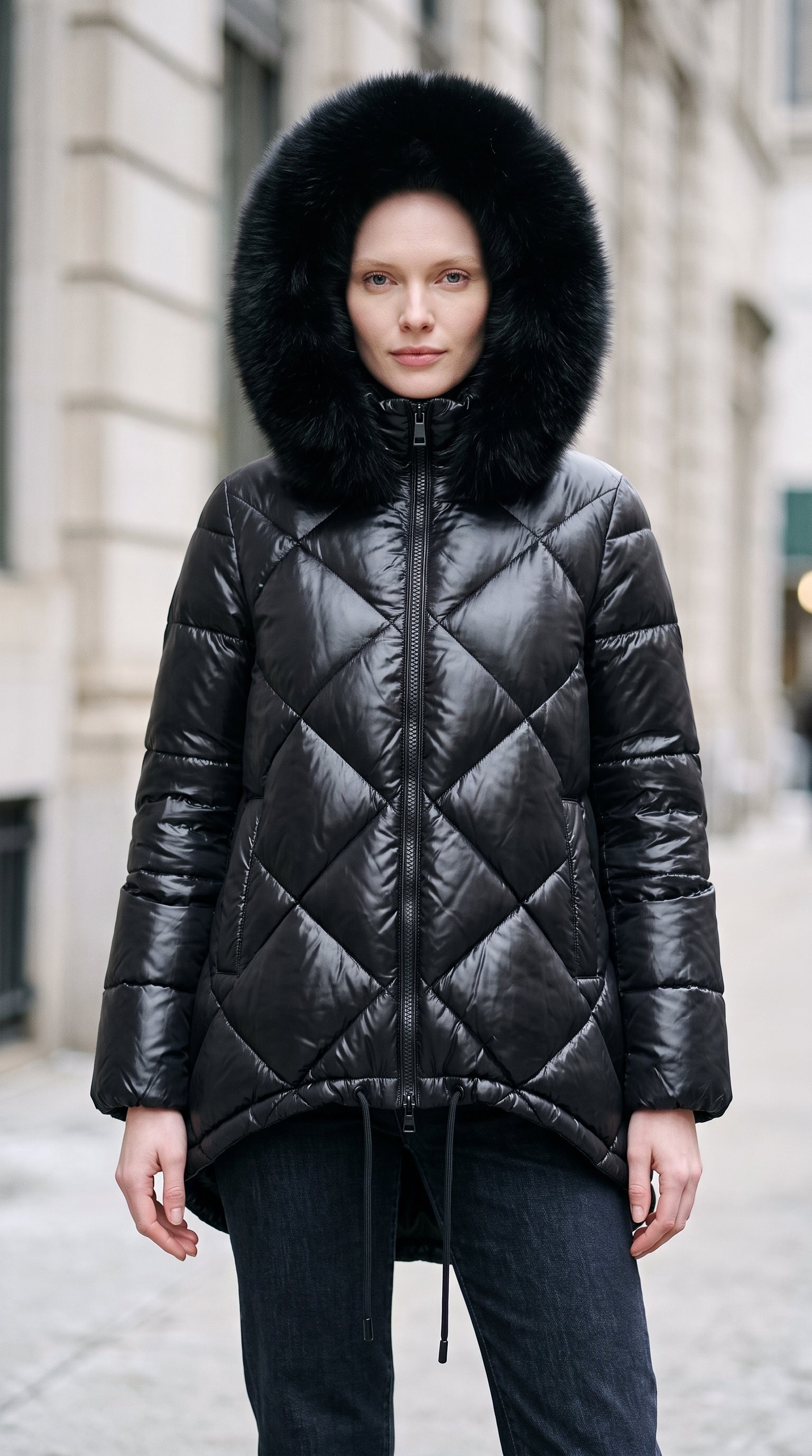 SF011 Fur-Hood Drawstring Puffer Coat