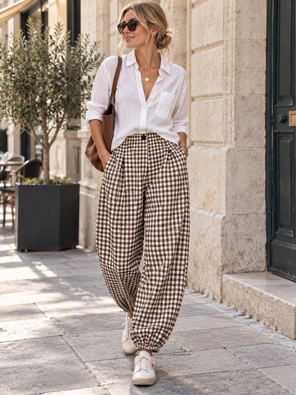SW571 Khaki Gingham Balloon Pants