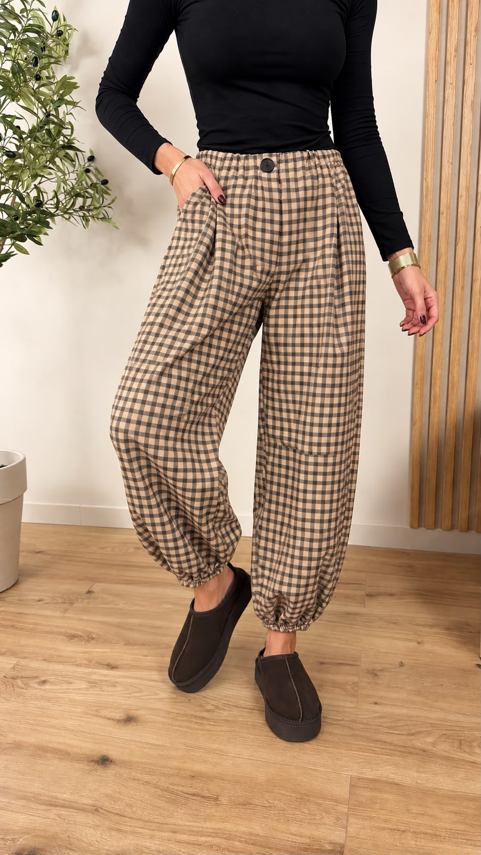 SW571 Khaki Gingham Balloon Pants