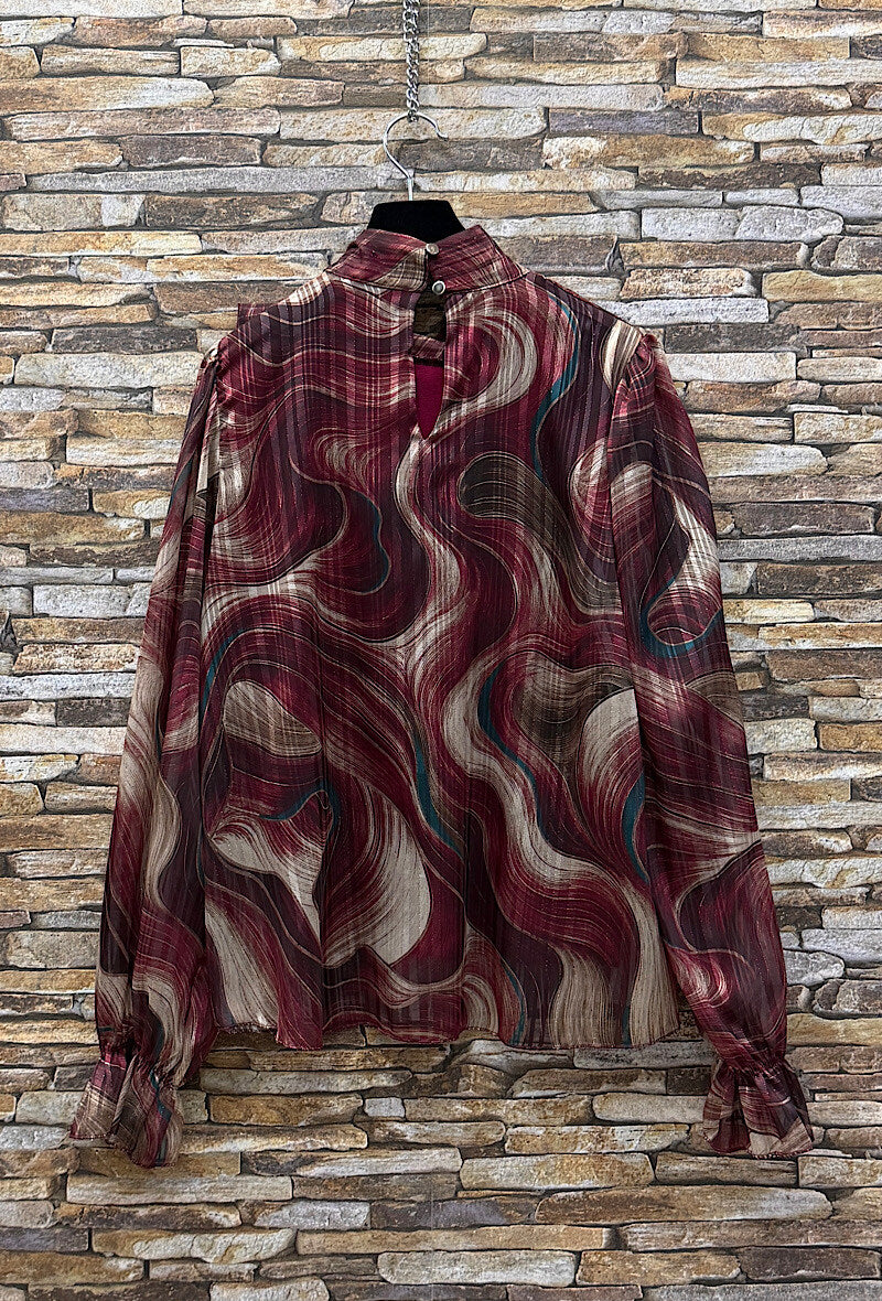 ES136 Burgundy Abstract Print Blouse