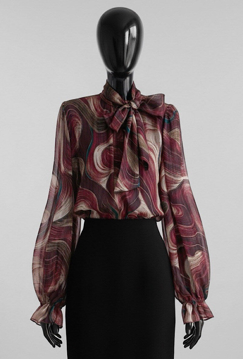 ES136 Burgundy Abstract Print Blouse