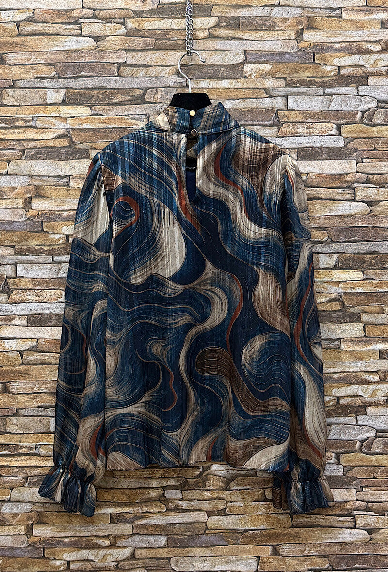ES134 Navy Abstract Print Blouse