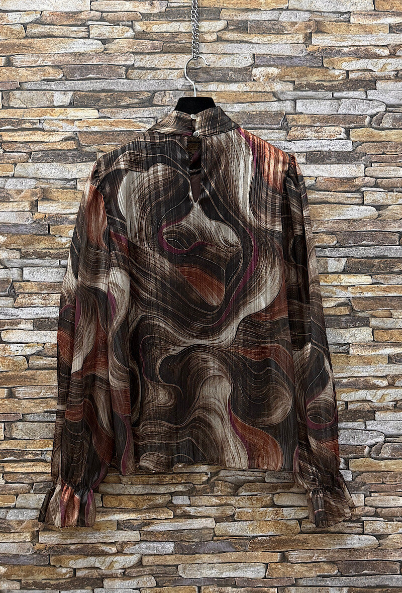ES135 Dark Brown Abstract Print Blouse